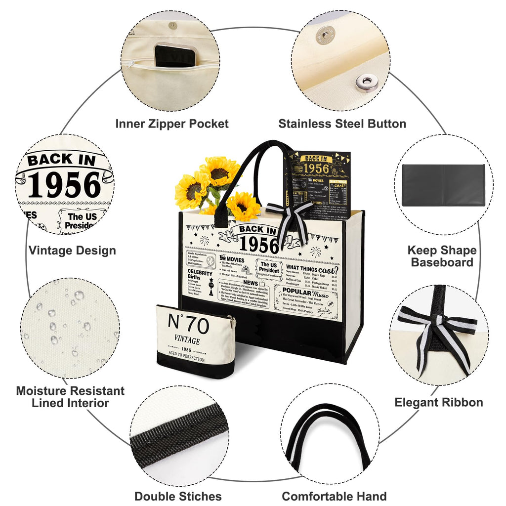 YeohJoy 70th Birthday Gifts for Women Canvas Tote Bag Travel Gear, Unique 70 Years Old Gifts for Wife Mom Sister Aunt Friends Her, Vintage N°70 Handbag & Cosmetic Bag & Back in 1956 Poster