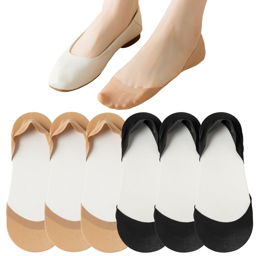 F Flammi No Show Socks Women Non-Slip Invisible Liner Socks Cotton for Flats Heels Pumps Lofers (6-9, 6 Pairs-Black+Nude)