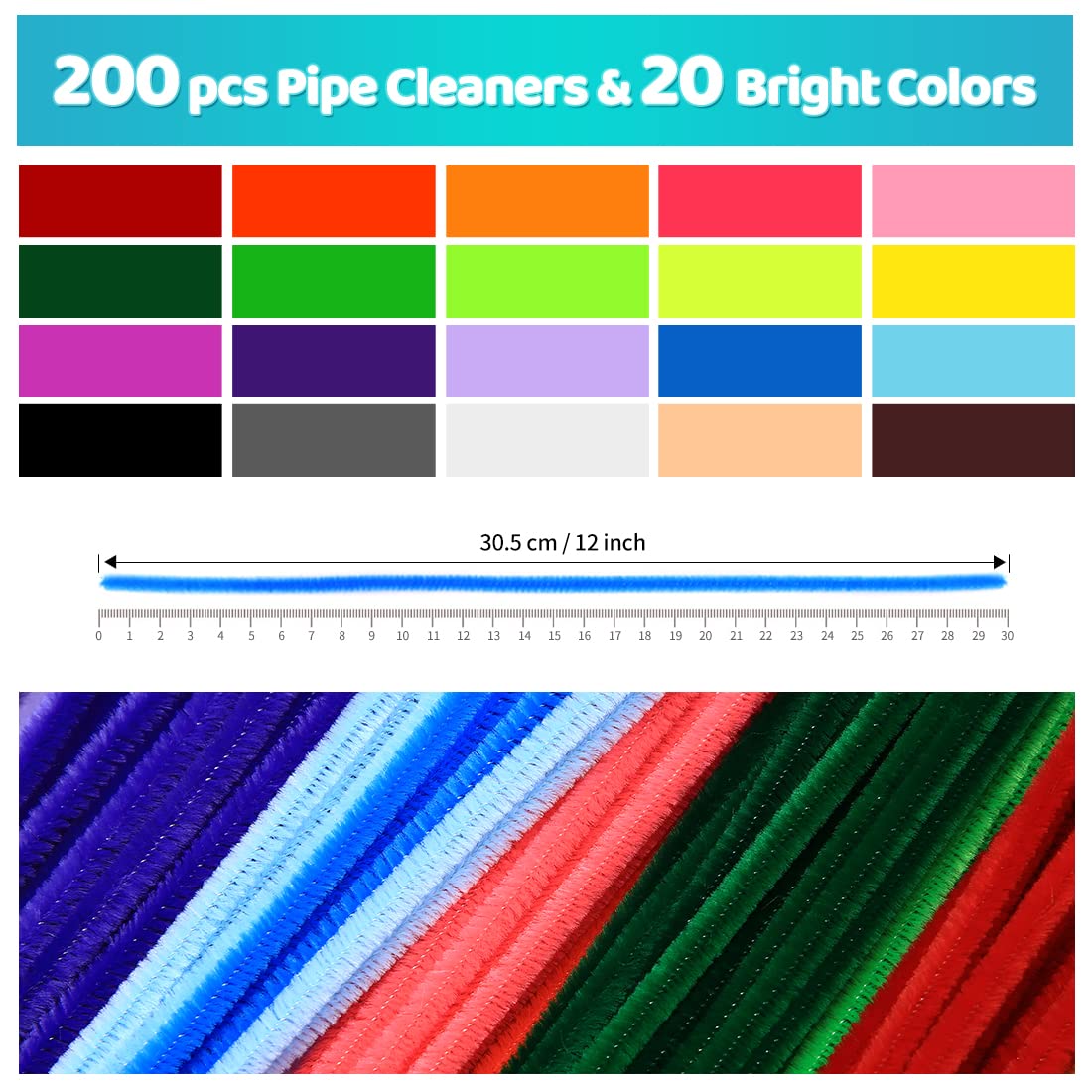 200pcs 20colors, Pipe Cleaners, Chenille Stems, Pipe Cleaners for Crafts, Pipe Cleaner Crafts, Art and Craft Supplies