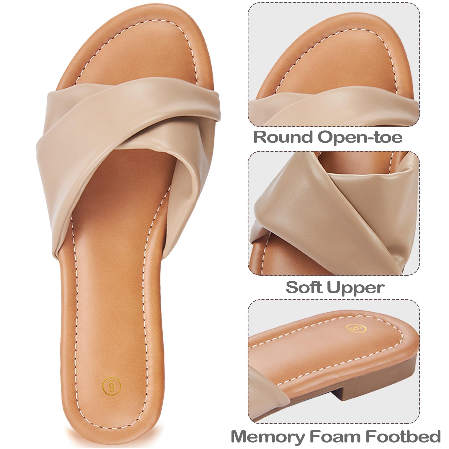 YTSKJ Women's Flat Sandals Round Open Toe Comfortable Fashion Cute Ladies Slides Sandals Women Dressy Summer Flat Leather Casual Fashion Beach Shoes Camel Size 9