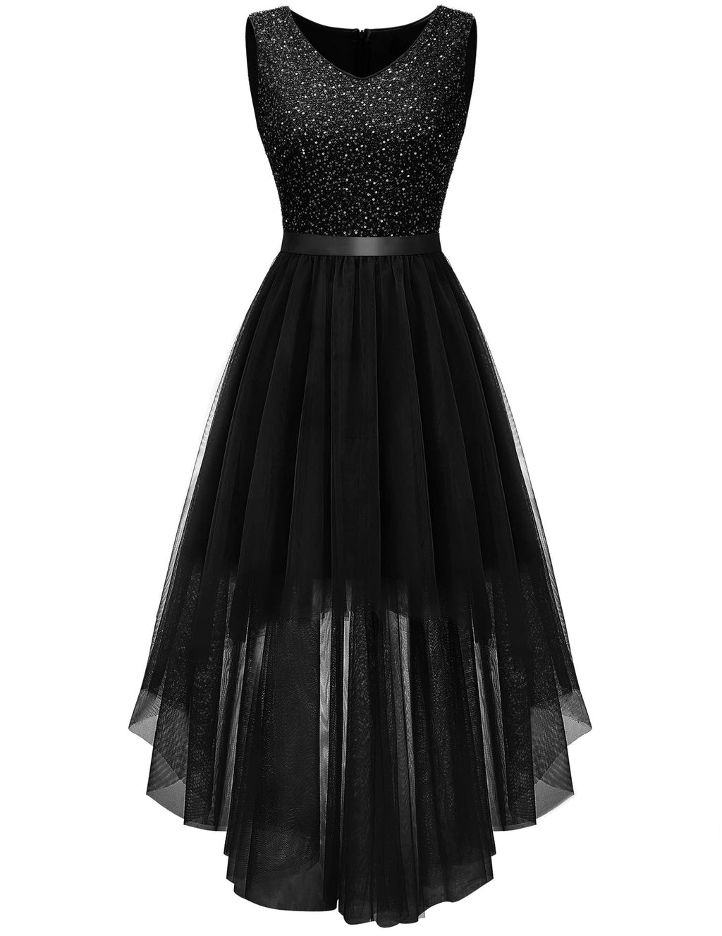 BeryLove Women's Sequin Party Dress Homecoming Formal Cocktail Swing Wedding Dressws High Low Sleeveless V-Neck Prom Gowns S003 Black L