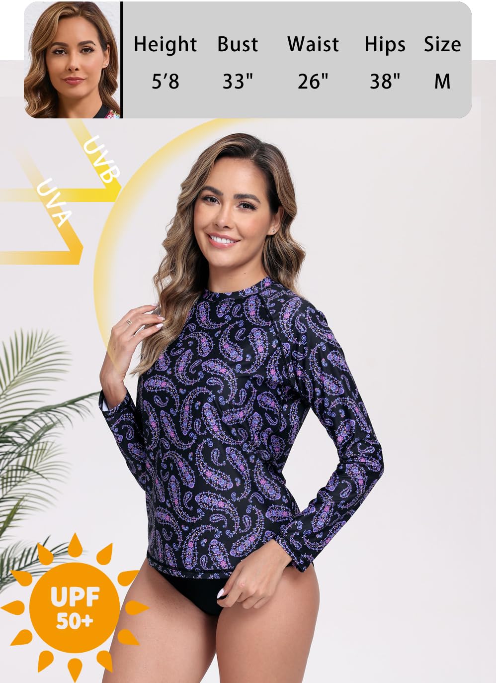 Halcurt Women's Long Sleeve Rash Guard Swim Shirts Quick Dry UPF50+ UV Sun Protection Swimsuit Top Black Purple Paisley M