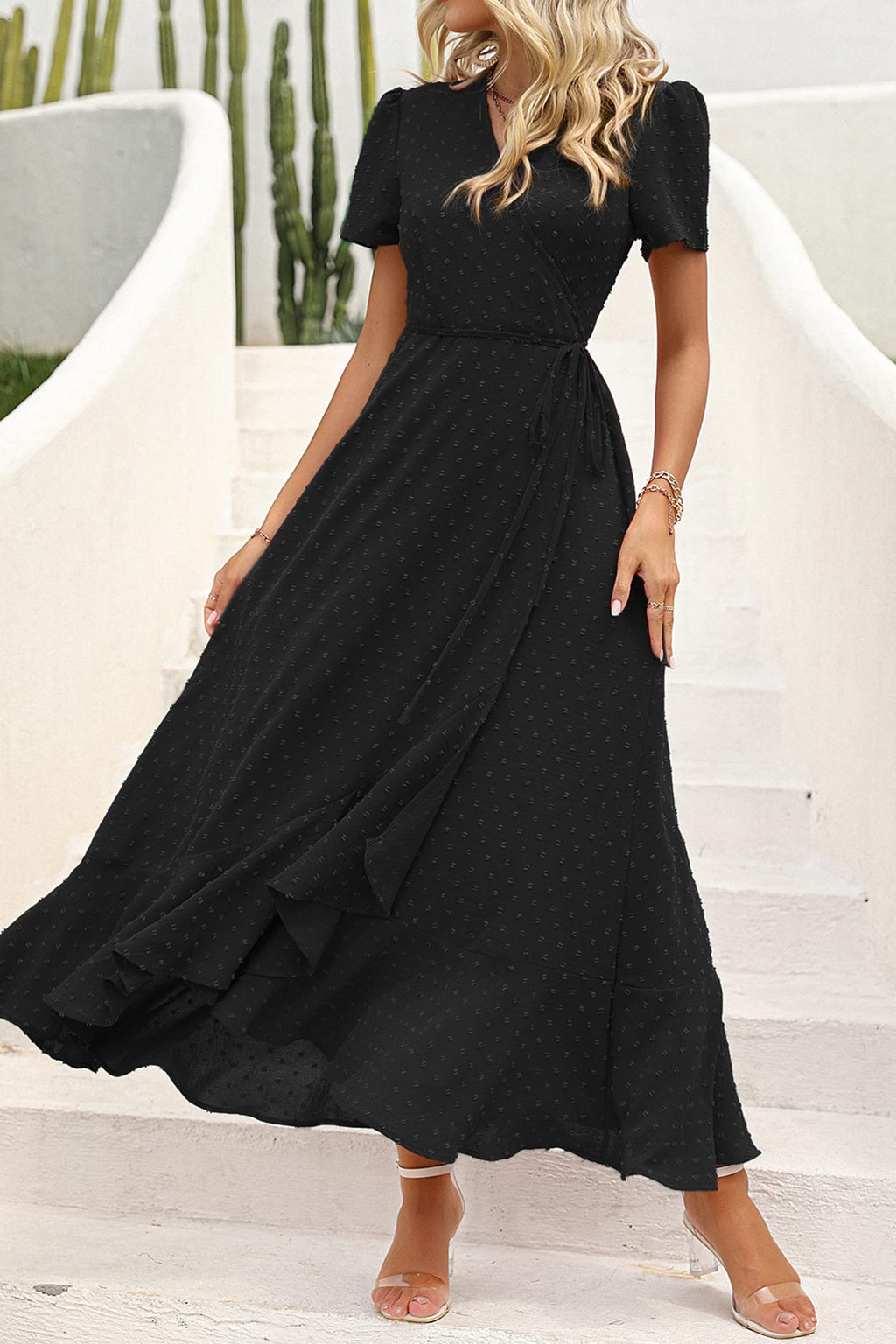 PRETTYGARDEN Women's Summer Wrap Maxi Dress Casual Boho Floral V Neck Short Sleeve Ruffle Hem Split Beach Long Dresses (Z_Black,XX-Large)