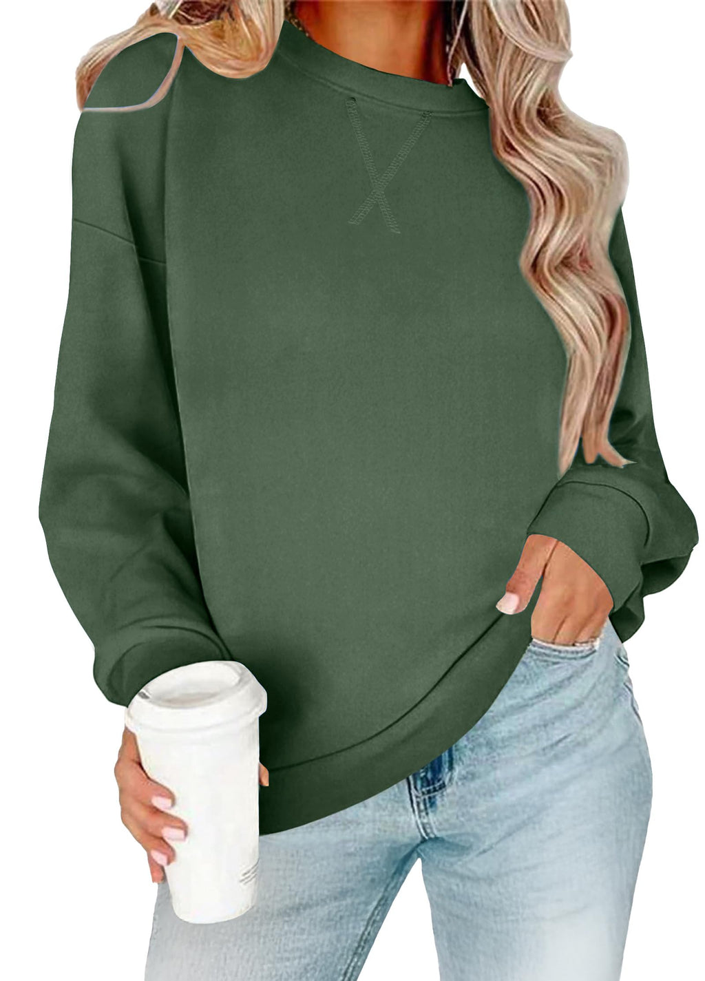 RUMIA Womens Casual Long Sleeve Crewneck Sweatshirt Loose Fit Solid Basic Pullover Tunic T Shirts Tops Sweatshirts for Women 2025 Green Large