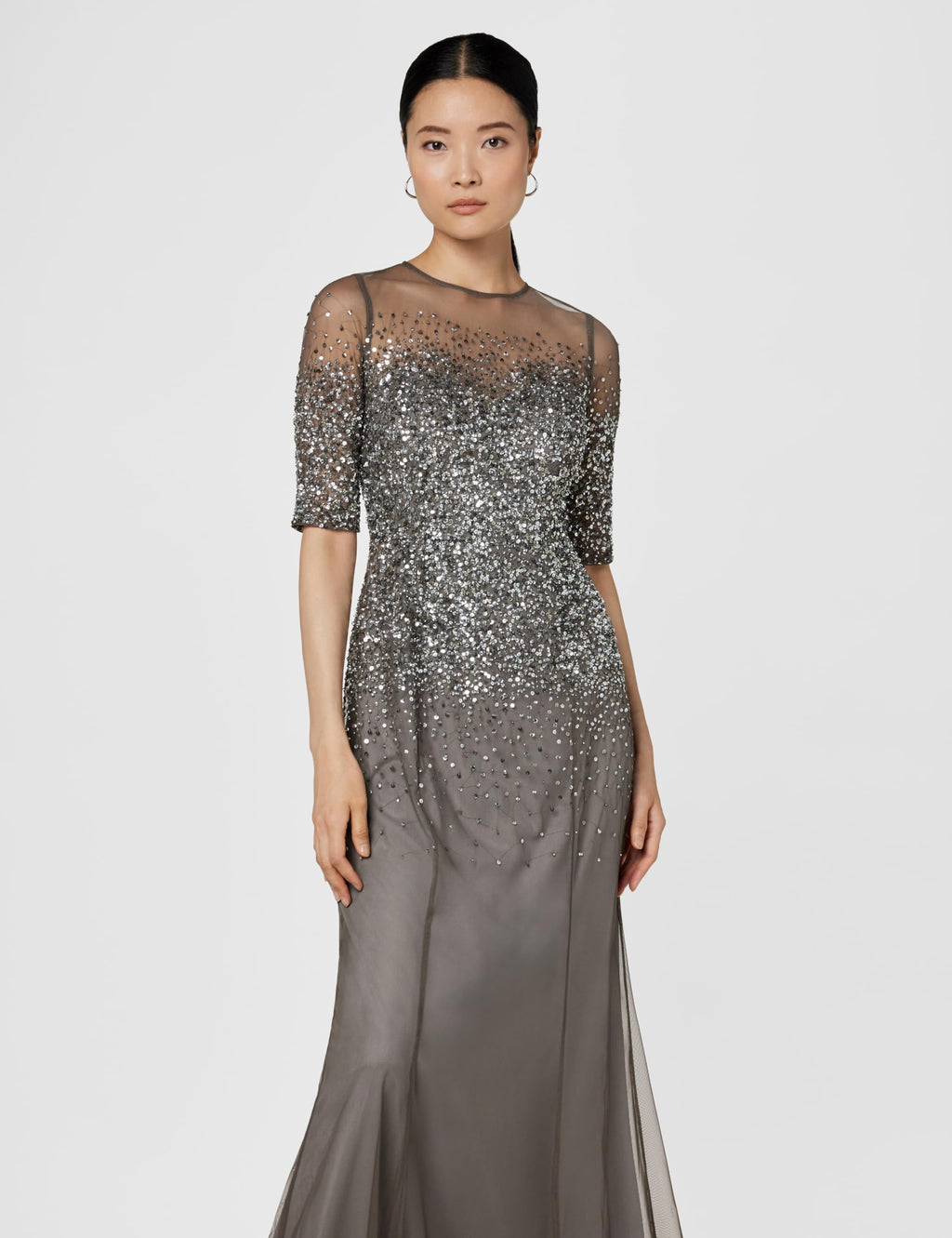 Adrianna Papell Women's 3/4 Sleeve Beaded Illusion Gown with Sweetheart Neckline, Lead, 6