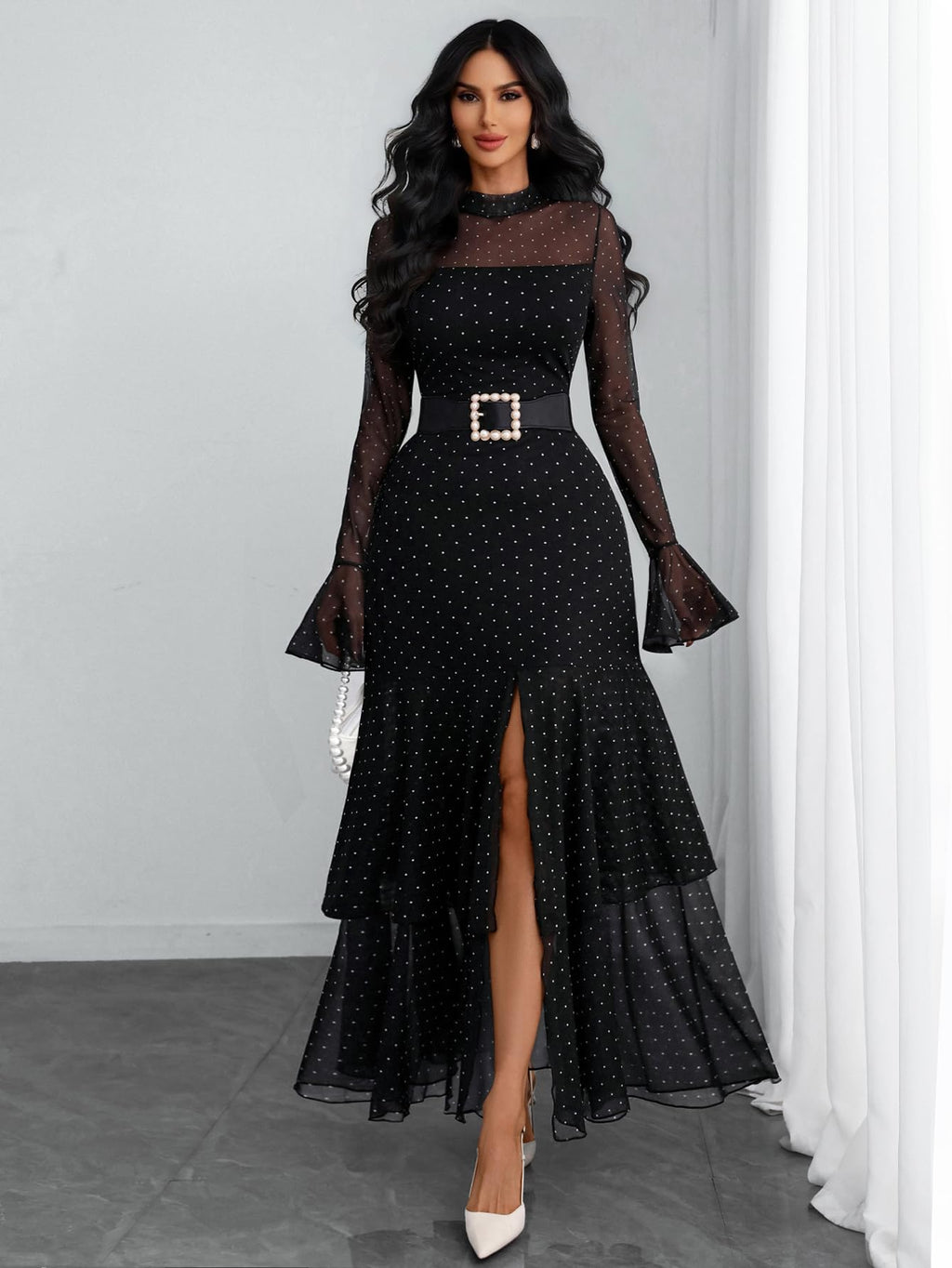 GothDark Womens Elegant Polka Dot Mesh Long Sleeve Dress Bell Sleeve Layered Ruffle Split Formal Wedding Guest Dresses