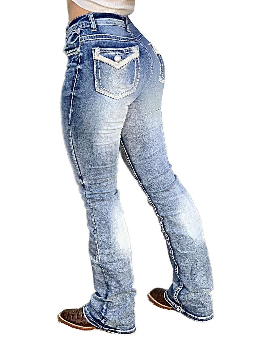 Flamingals Boot Cut Jeans for Women Trendy Stretch Jeans Butt Lifting Tummy Control Denim Pants Mid Blue