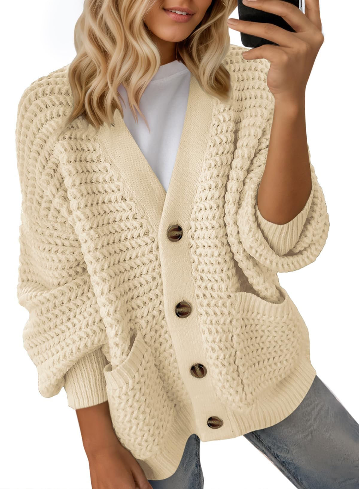 Dokotoo Beige Cardigan Sweaters for Women 2026 Fashion Lightweight Casual Loose Fall Thick Long Sleeve Open Front Long Chunky Cable Knit Cardigan Sweater Winter Outerwear Coat Small