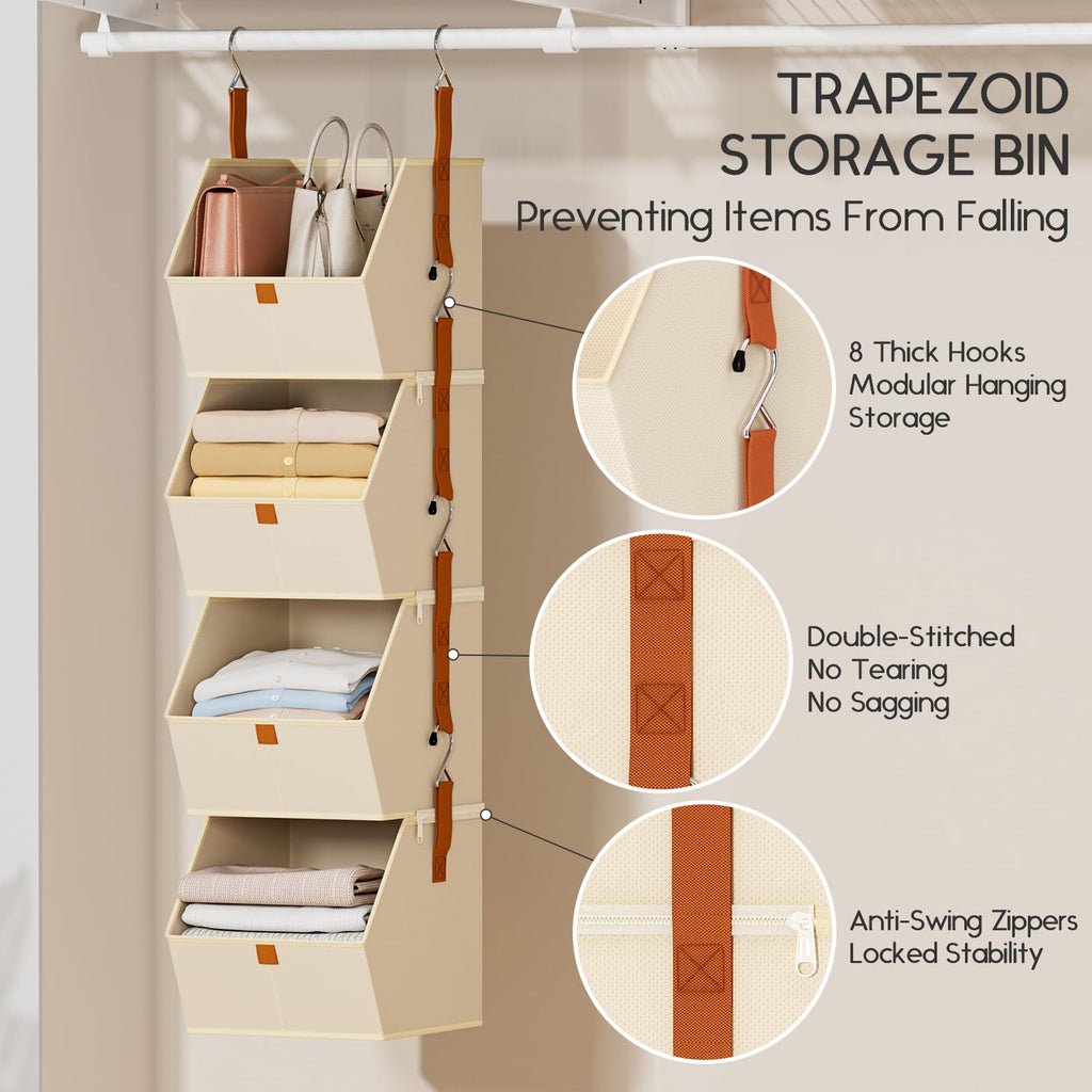Homsorout Hanging Closet Organizer 4 Tier - Clothes Hanging Shelves, Space-Saving Closet System, Fabric Storage Bins Bedroom Organization, Collapsible Baskets for Home, Dorm, Rv, Beige