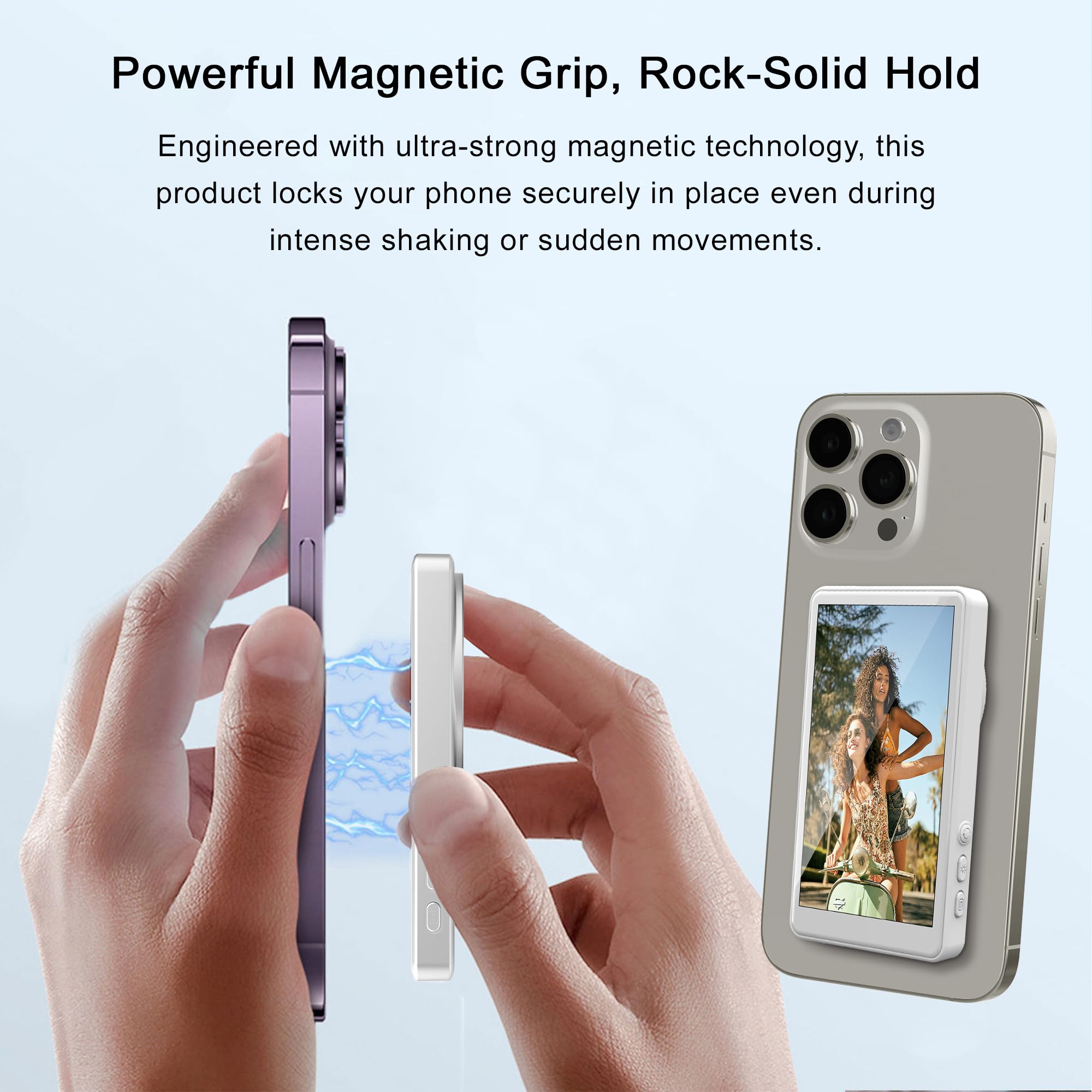 Selfie Monitor Screen for iPhone/Android,Magnetic Phone Vlog Selfie Screen with 1800mAh Battery&Bluetooth Remote,Wireless Back Camera Monitor for Live Streaming/TikTok(White)