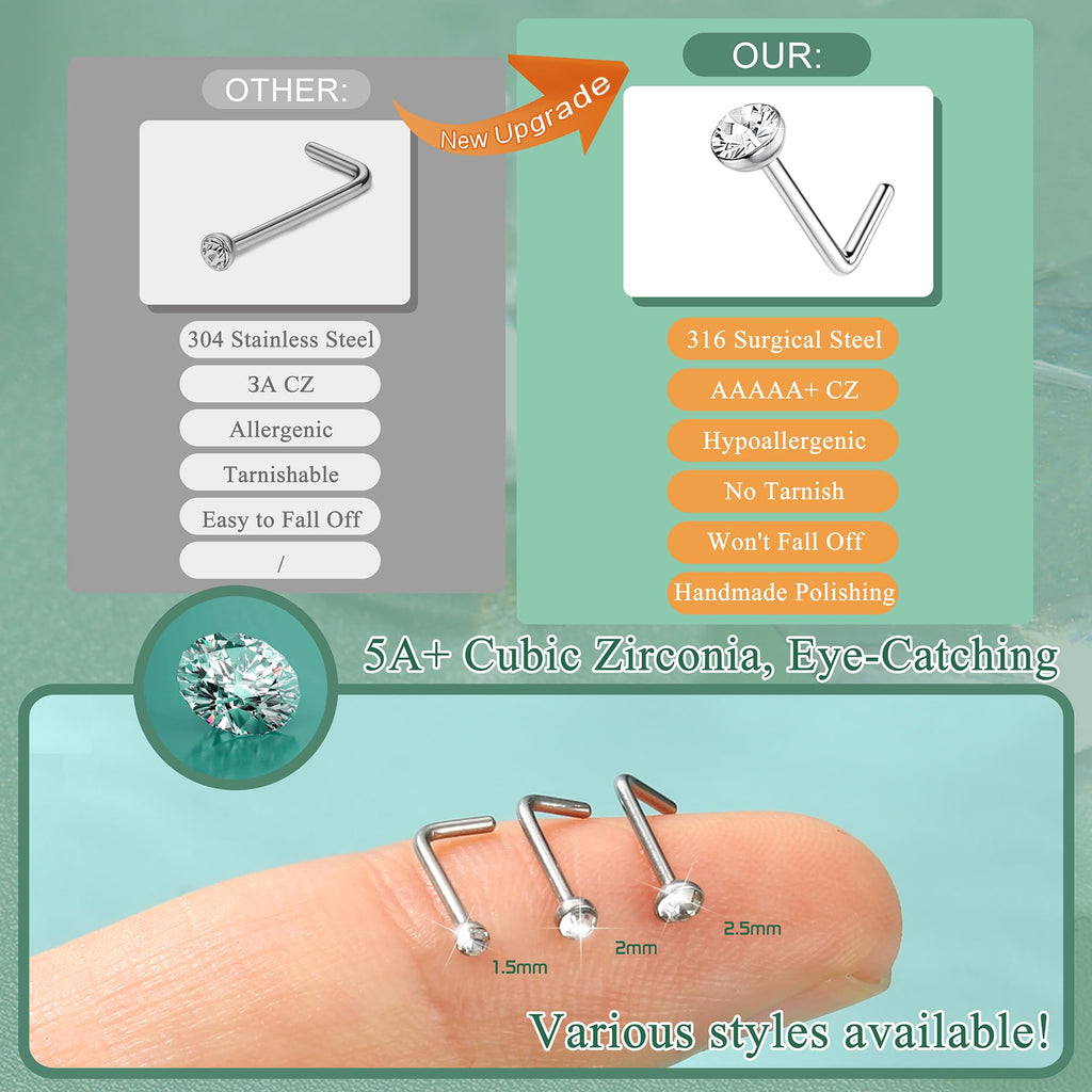 THUNARAZ 60-120pcs Stainless Steel Nose Studs Rings Piercing Pin Body Jewelry 20G-22G 1.5mm 2mm 2.5mm (H:60Pcs White CZ(1.5mm,2mm,2.5mm) 20G L Shaped)