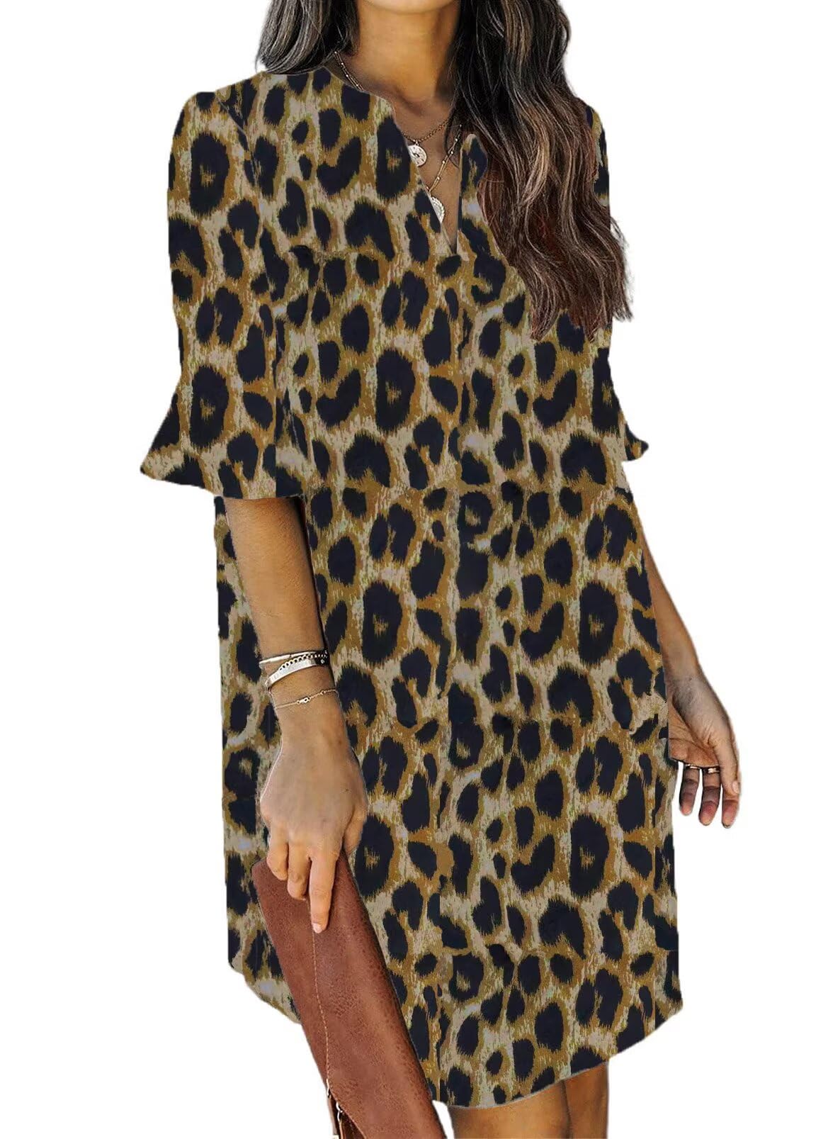 QACOHU Women's Summer Short Sleeve Dresses Ruffled V Neck Lightweight Comfort Sundress Mini Dress Leopard Print L