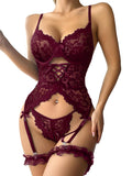 Lilosy Sexy Criss Cross Corset Underwire Floral Lace Sheer Garter Belt Lingerie Set 2 Piece