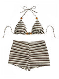 WDIRARA Women's Striped Halter Bikini Set Beaded Triangle Swimsuit 2 Piece Bathing Suit Coffee Brown Medium