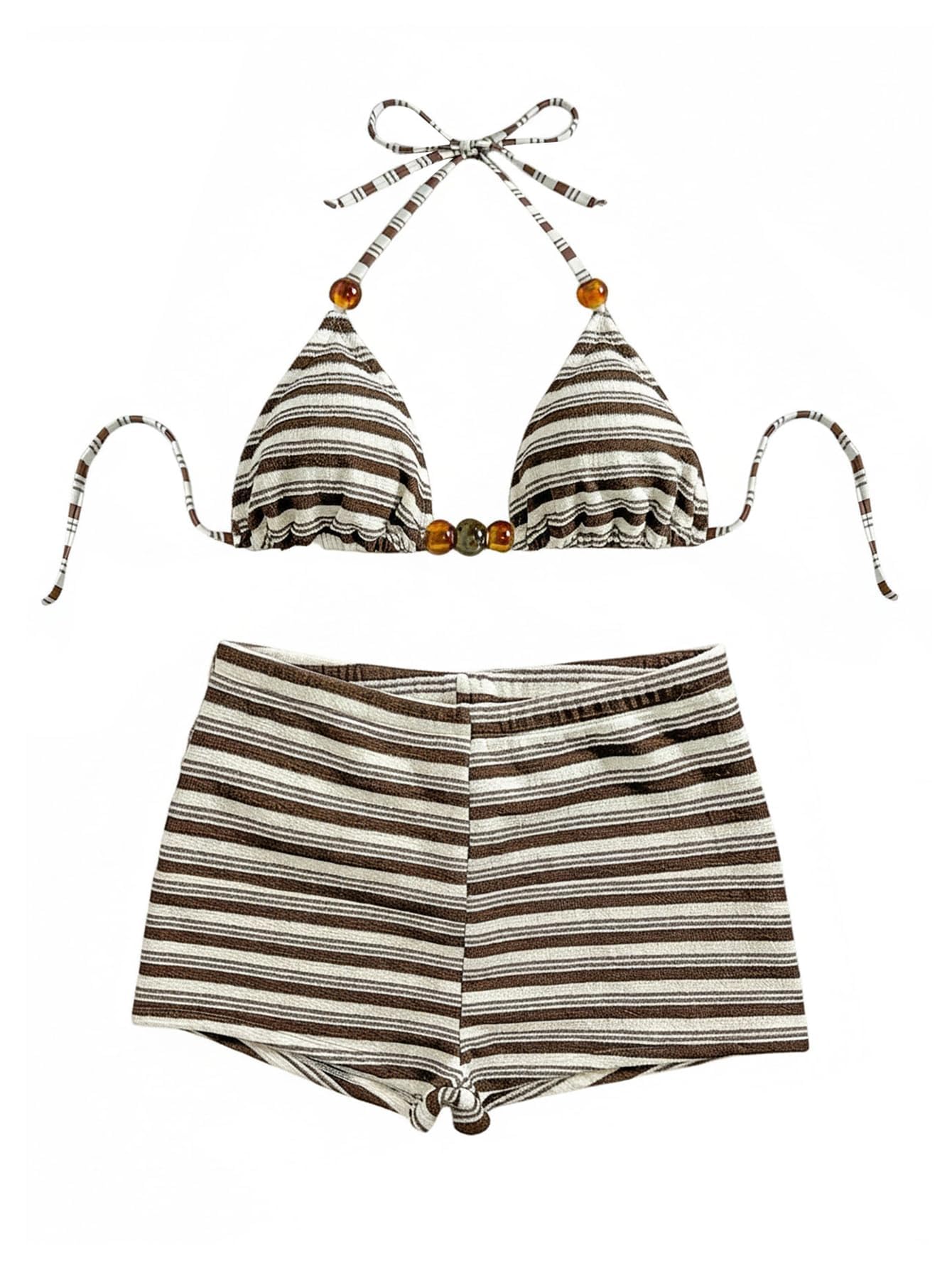 WDIRARA Women's Striped Halter Bikini Set Beaded Triangle Swimsuit 2 Piece Bathing Suit Coffee Brown Medium