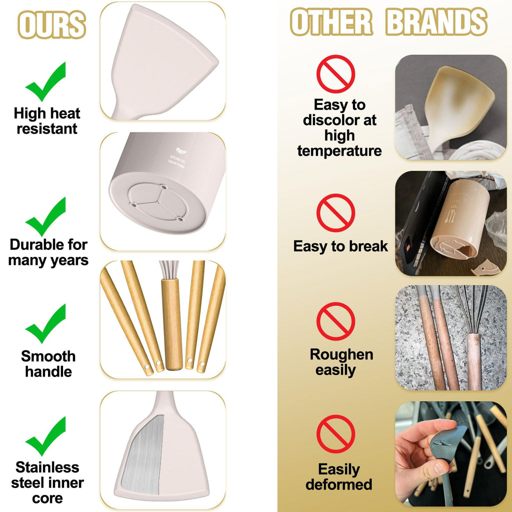 Cooking Utensils Set- Umite Chef Khaki Silicone Kitchen Utensils Set, 34PCS Heat Resistant Kitchen Gadgets Tools Set with Grater, Wooden Handle Kitchen Spatula Set for Nonstick Cookware