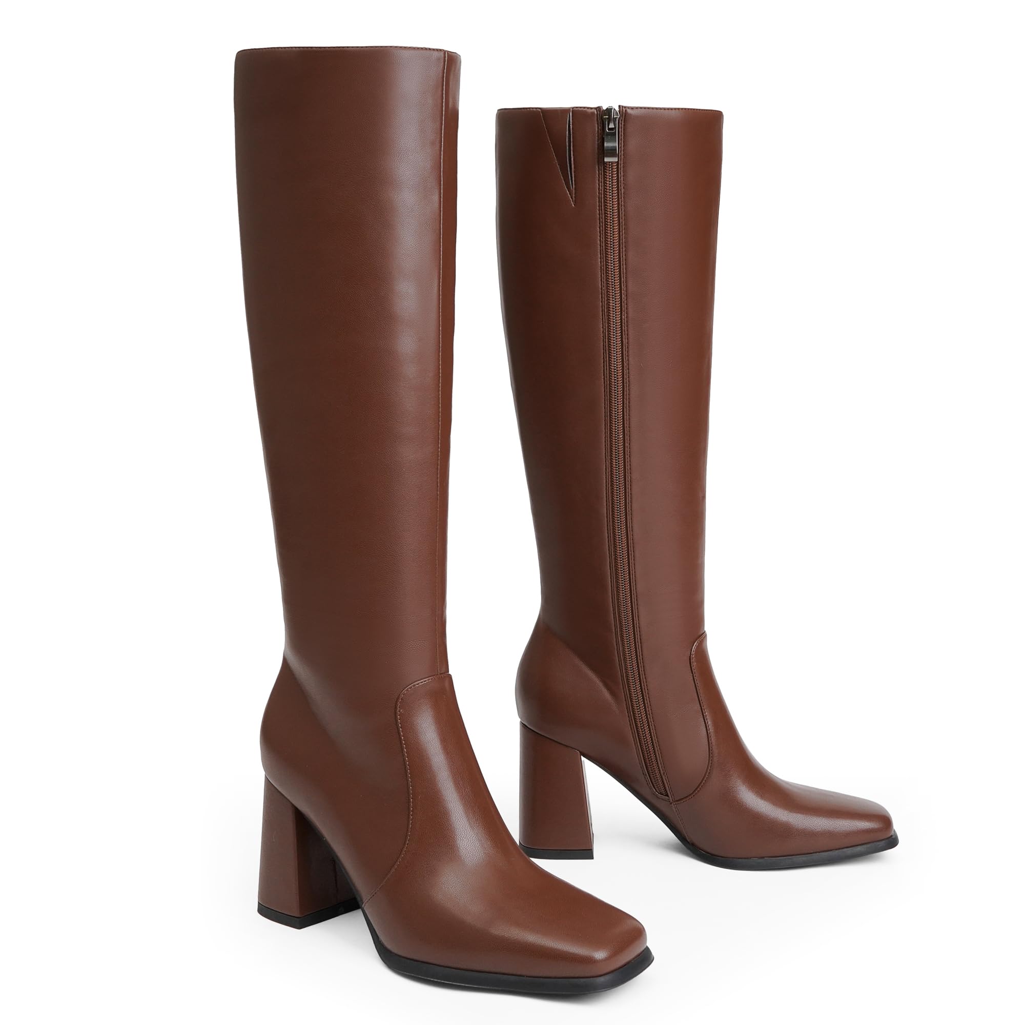 Modatope Brown Knee High Chunky Heel Boots Square Toe Tall Boots for Women Block Heel Side zipper Fall Boot Women Size 8