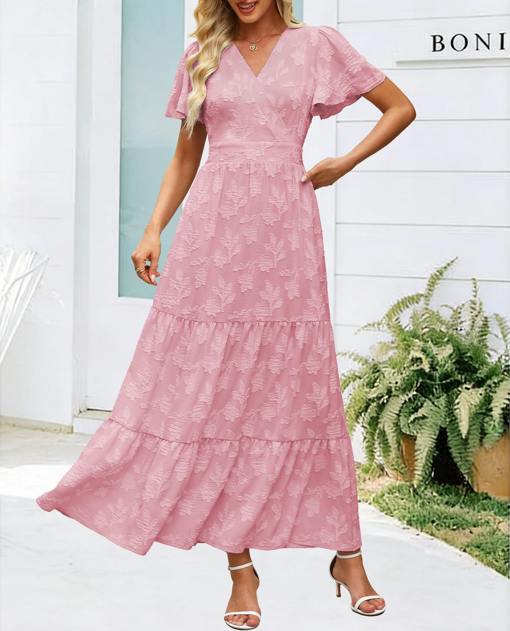 Womens Boho Floral Maxi Dress Elegant Wrap V Neck Short Flutter Sleeve Flowy Tiered A Line Summer Beach Wedding Guest Dresses (US, Alpha, Large, Regular, Regular, Pink)