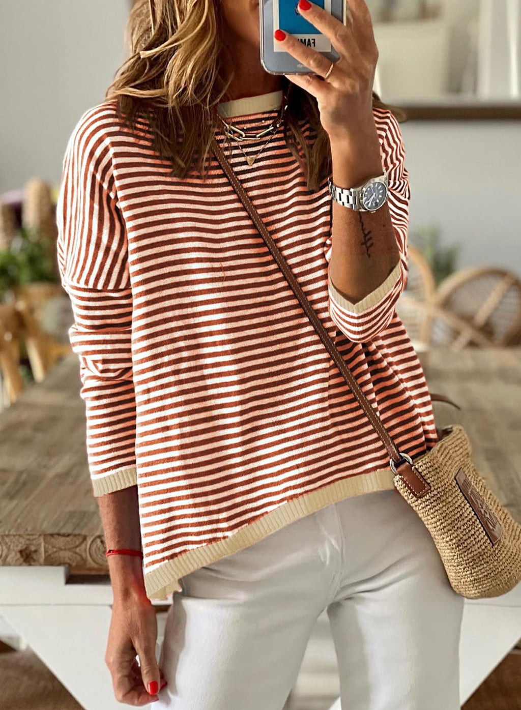 Dokotoo Women Cotton Sweaters Casual Crewneck Knitted Long Sleeve Shirts Autumn Trendy Striped Top Colorblock Pullover Sweater Jumper Fall Outfits Brown Medium