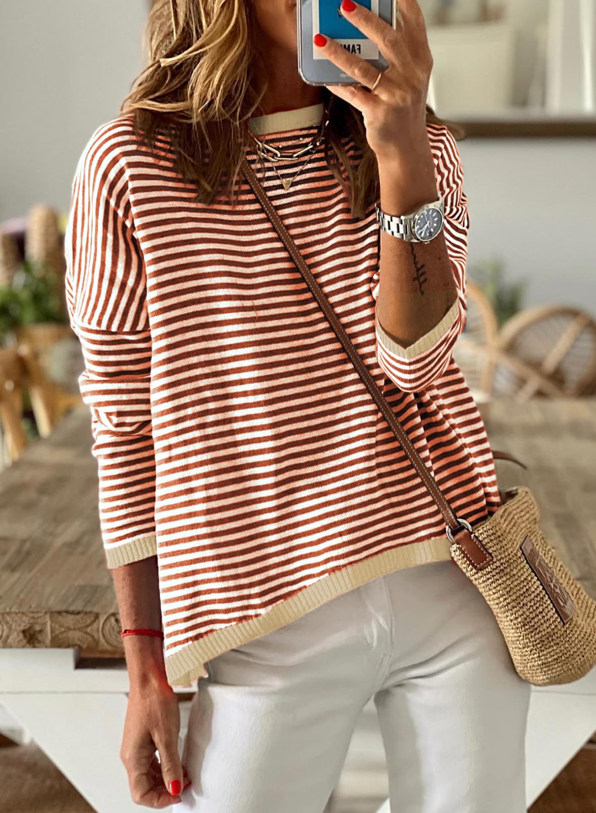 Dokotoo Women Cotton Sweaters Casual Crewneck Knitted Long Sleeve Shirts Autumn Trendy Striped Top Colorblock Pullover Sweater Jumper Fall Outfits Brown Medium