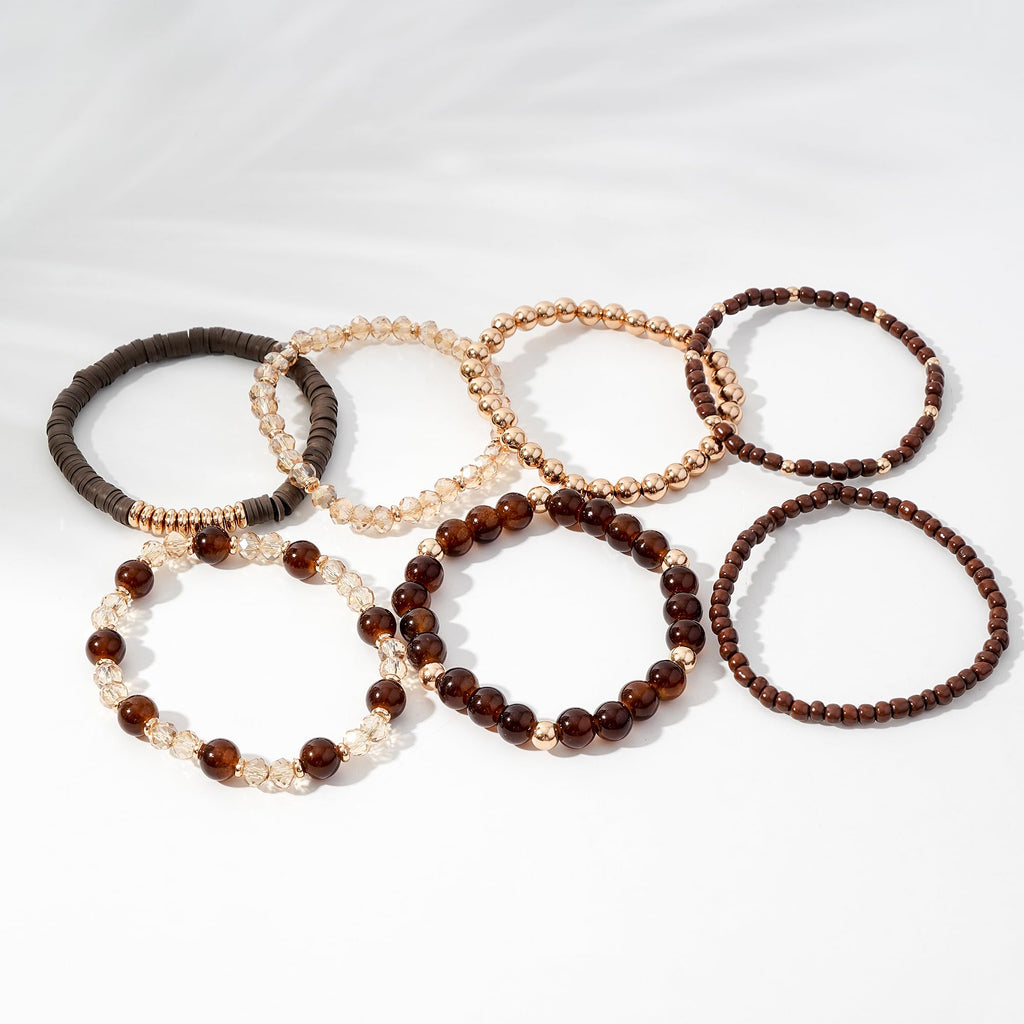 GOOJIDS Brown Surfer Heishi Clay Bead Bracelets for Women Bohemian Stackable Gold Plated Beaded Stretch Bracelets Elastic Layering Friendship Bracelets Set Boho Jewelry