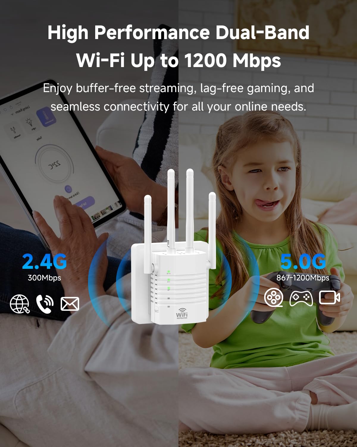 WiFi Extender Supports 105 Devices, 1.2Gbps Home Signal Booster,WiFi Extender Signal Booster with Dual Band 5GHz/2.4GHz, WiFi Booster Up to 12880 Sq.ft, EasyMesh Compatible, One Ethernet Port