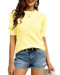 Bodosalia Womens Puff Short Sleeve Sweater Casual Summer Crew Neck Pullover Tops Ribbed Knit Sweater Blouse Yellow