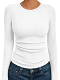AUTOMET Women's Ribbed Long Sleeve Basic Top - Soft Stretch Crewneck Shirt for Work & Casual White S