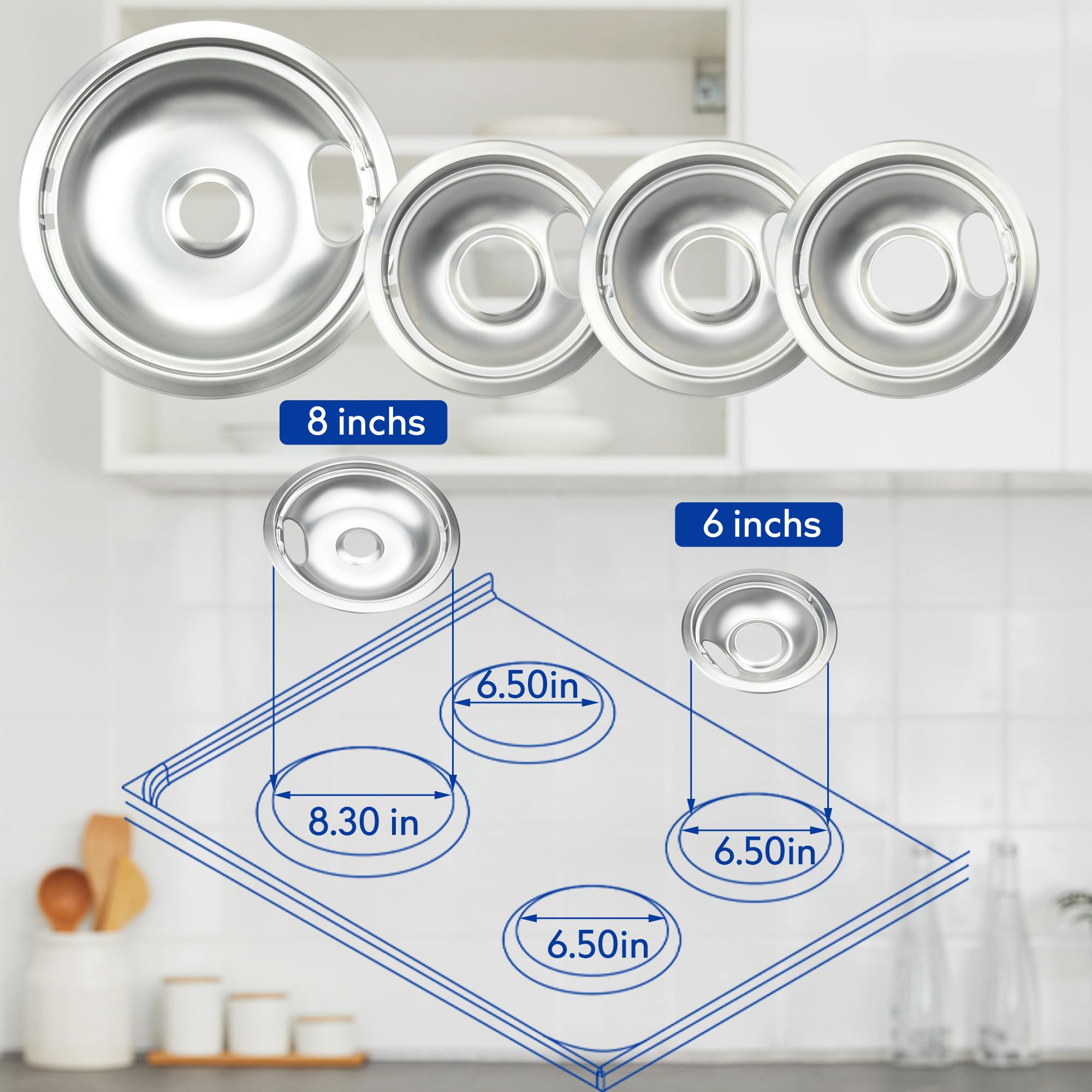 Mejiao Stove Burner Covers,Chrome Replacement Drip Pans for Frigidaire Kenmore 316048413 and 316048414,4 pcs (3x6" and 1x8")