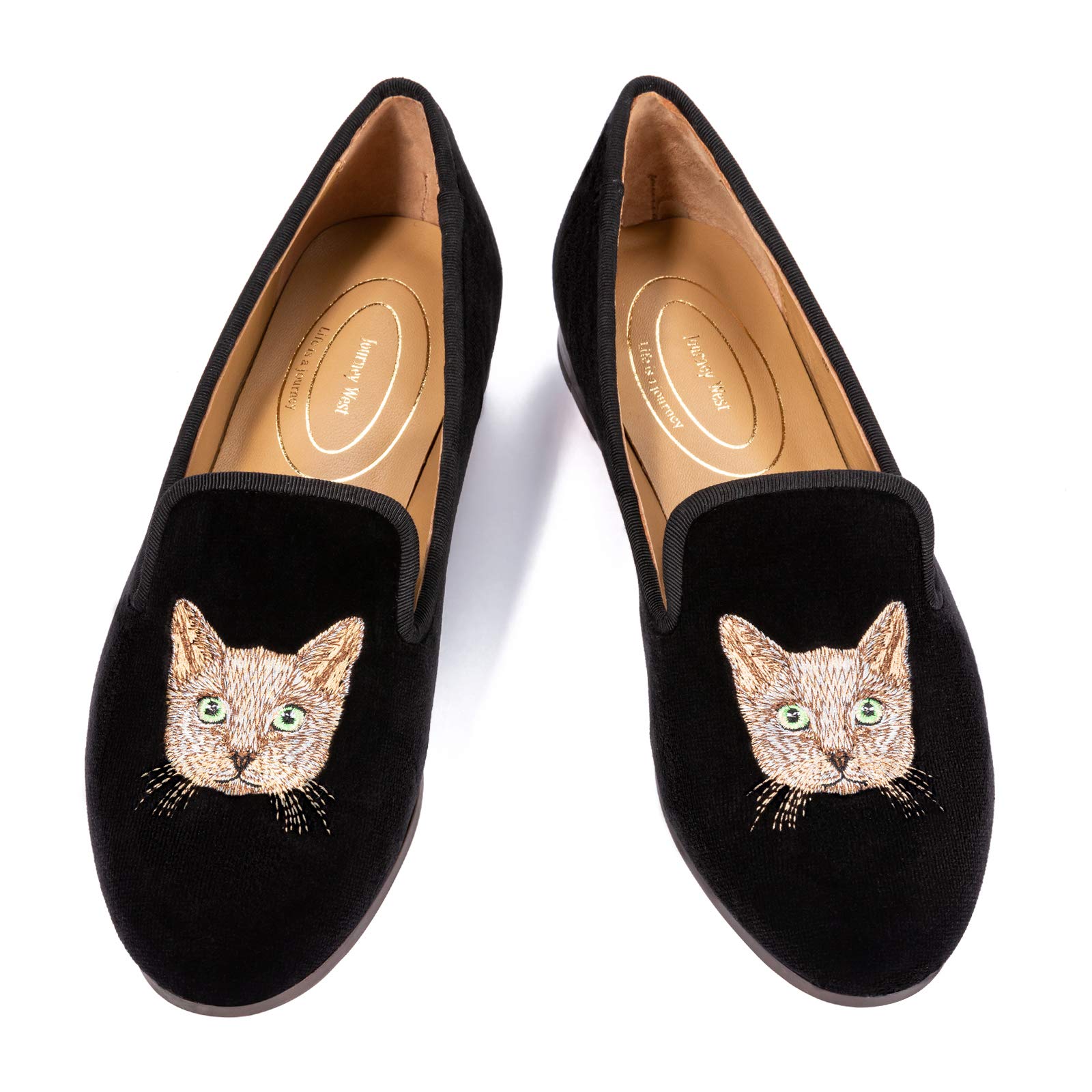 Journey West Women's Velvet Loafer Flat with Embroidery Smoking Slippers Slip on Shoes for Women Cat Black US 9.5
