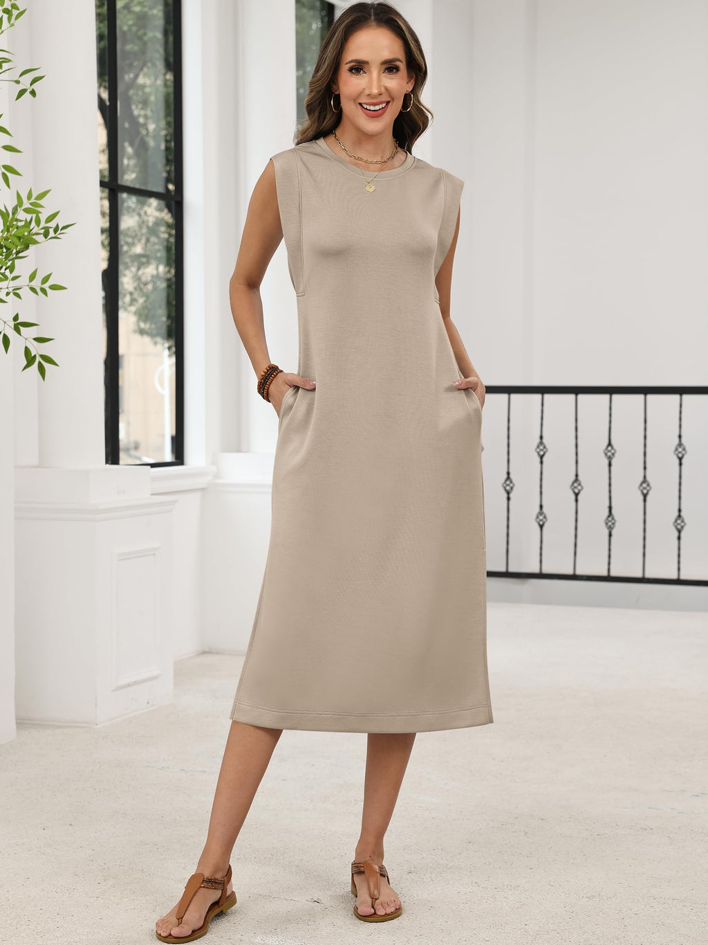 ANRABESS Womens Summer Casual Midi Dress Sleeveless Crewneck Loose Split Wrinkle-Free Beach Travel Vacation Long Sundress Medium