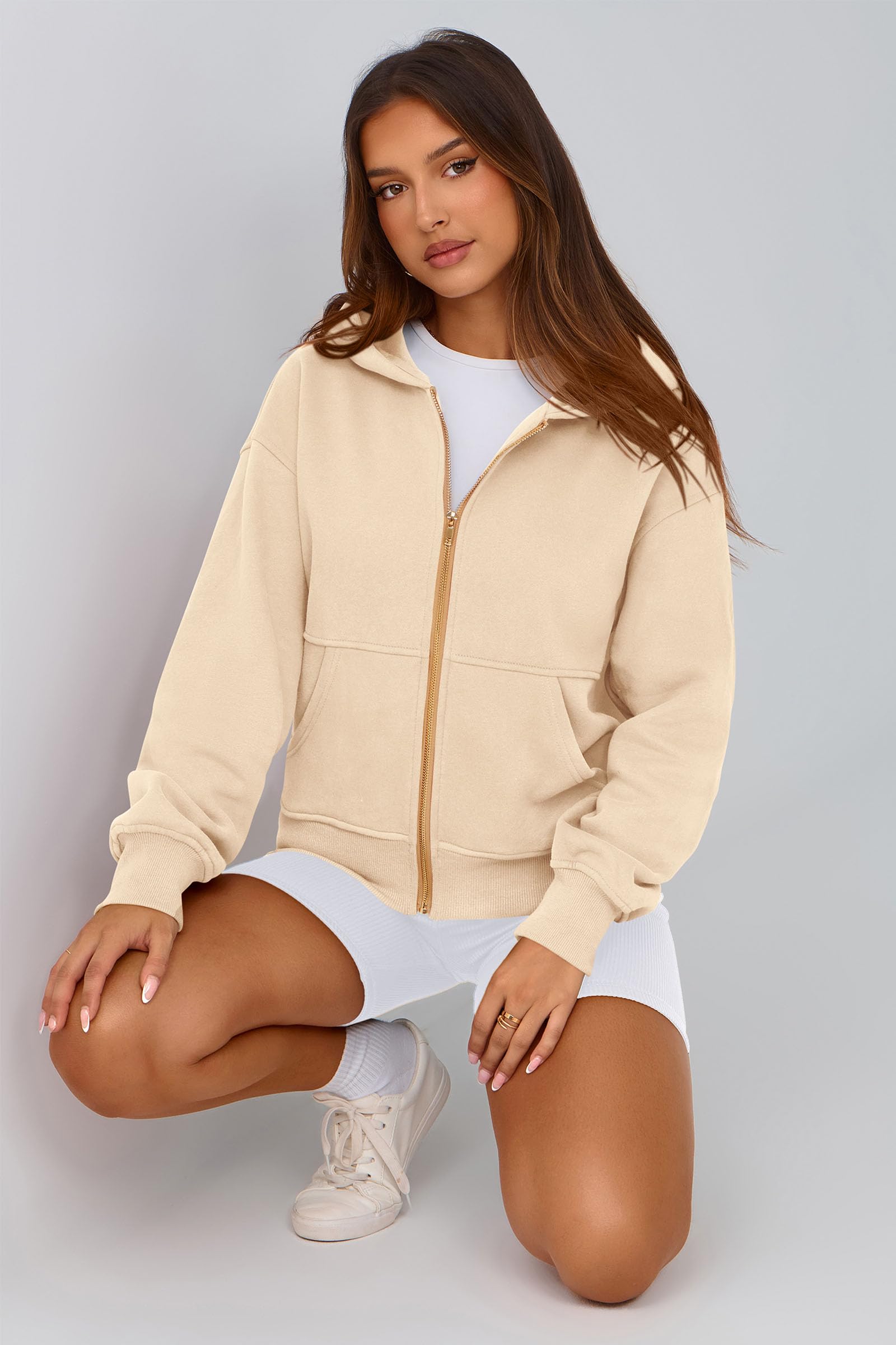 PRETTYGARDEN Hoodies for Women Sweatshirt Zip Up Hoodie Fall Fashion 2026 Trendy Long Sleeve Jackets Winter Clothing Outfits (Apricot,Medium)