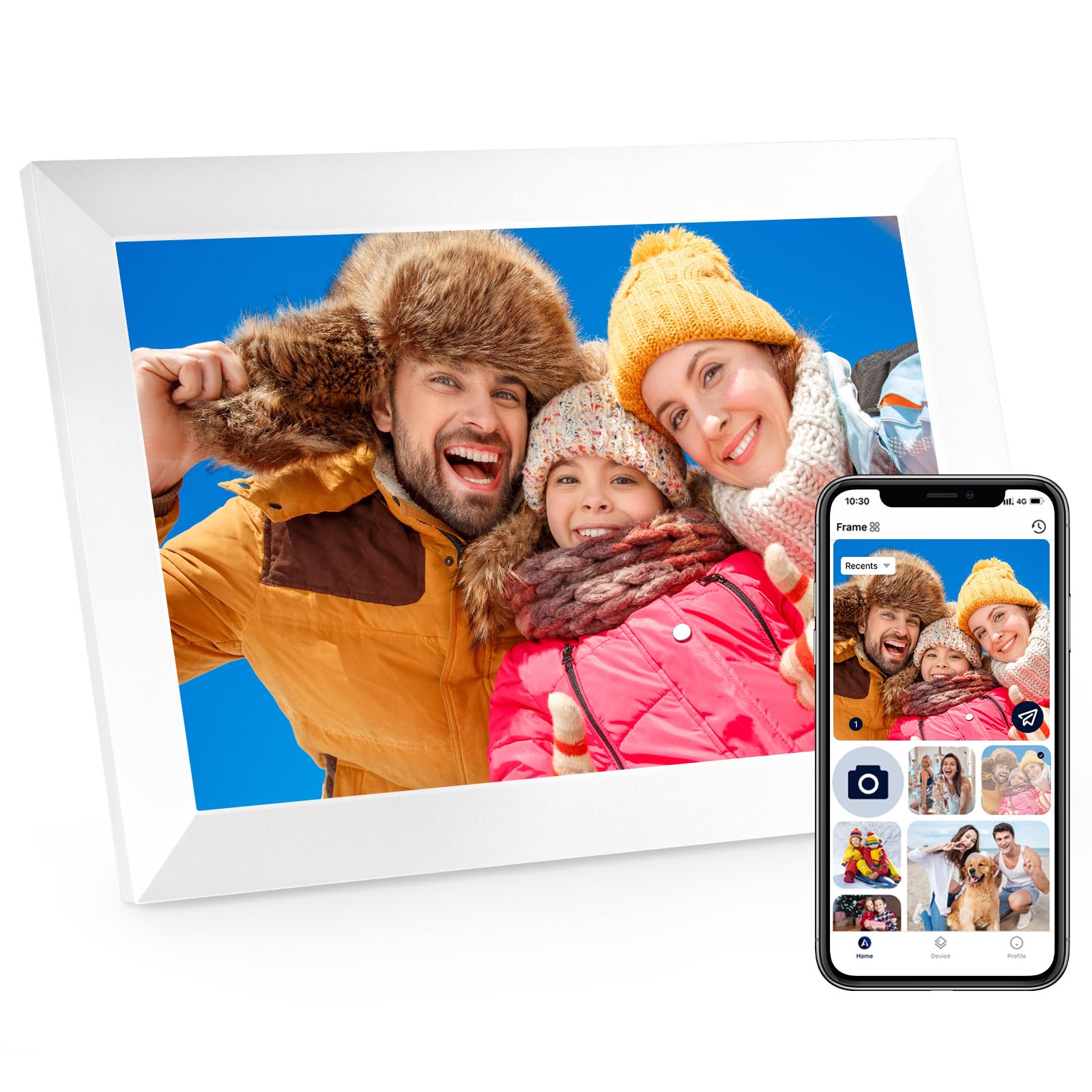Anna Bella Digital Picture Frame 10.1 Inch IPS HD Touch Screen WiFi Smart Digital Photo Frame with 32GB Storage, Auto-Rotate, Easy Setup to Share Photos or Videos Remotely via AiMOR APP White