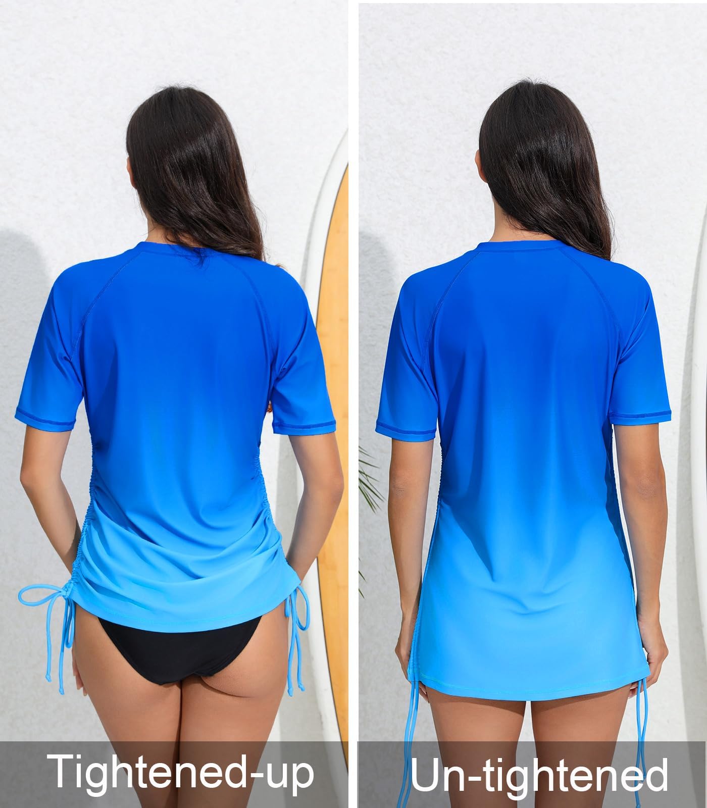 Halcurt Women's Half Zip Short Sleeve Rash Guard Swim Shirt with Tie Drawstring UPF50+ Swimsuit Top Ombre Light Blue 2XL