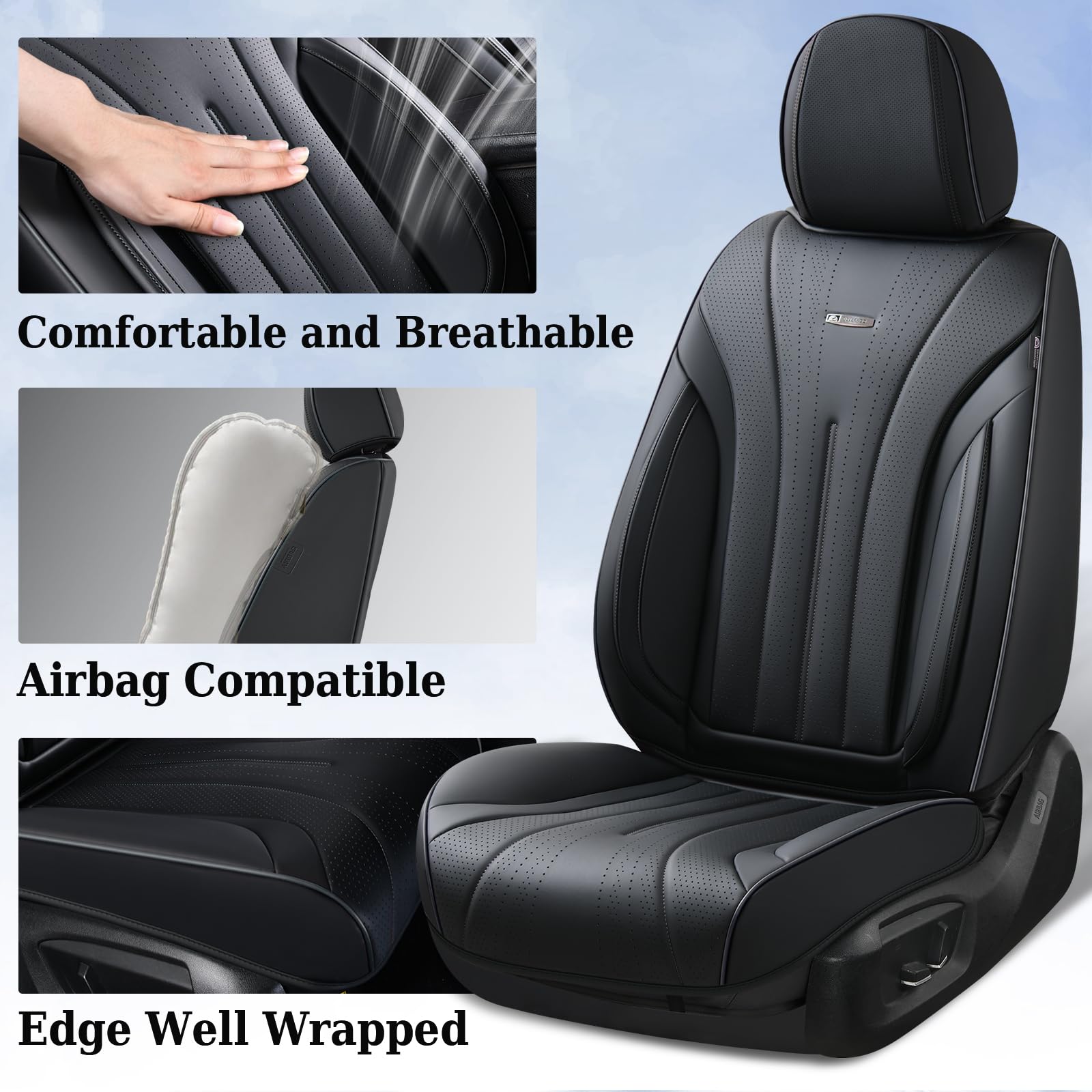 Coverado Car Seat Covers Full Set, Waterproof Nappa Leather Seat Cover for Cars, Luxury Universal Seat Cover, Front and Back Car Seat Protector Car Seat Cushion Fit for Most Cars(Black)