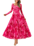 BTFBM Women Maxi Dress Fall 2026 Fashion Elegant Long Sleeve Square Neck Floral Print Party Club Wedding Guest Dresses(Floral Pink,Small)