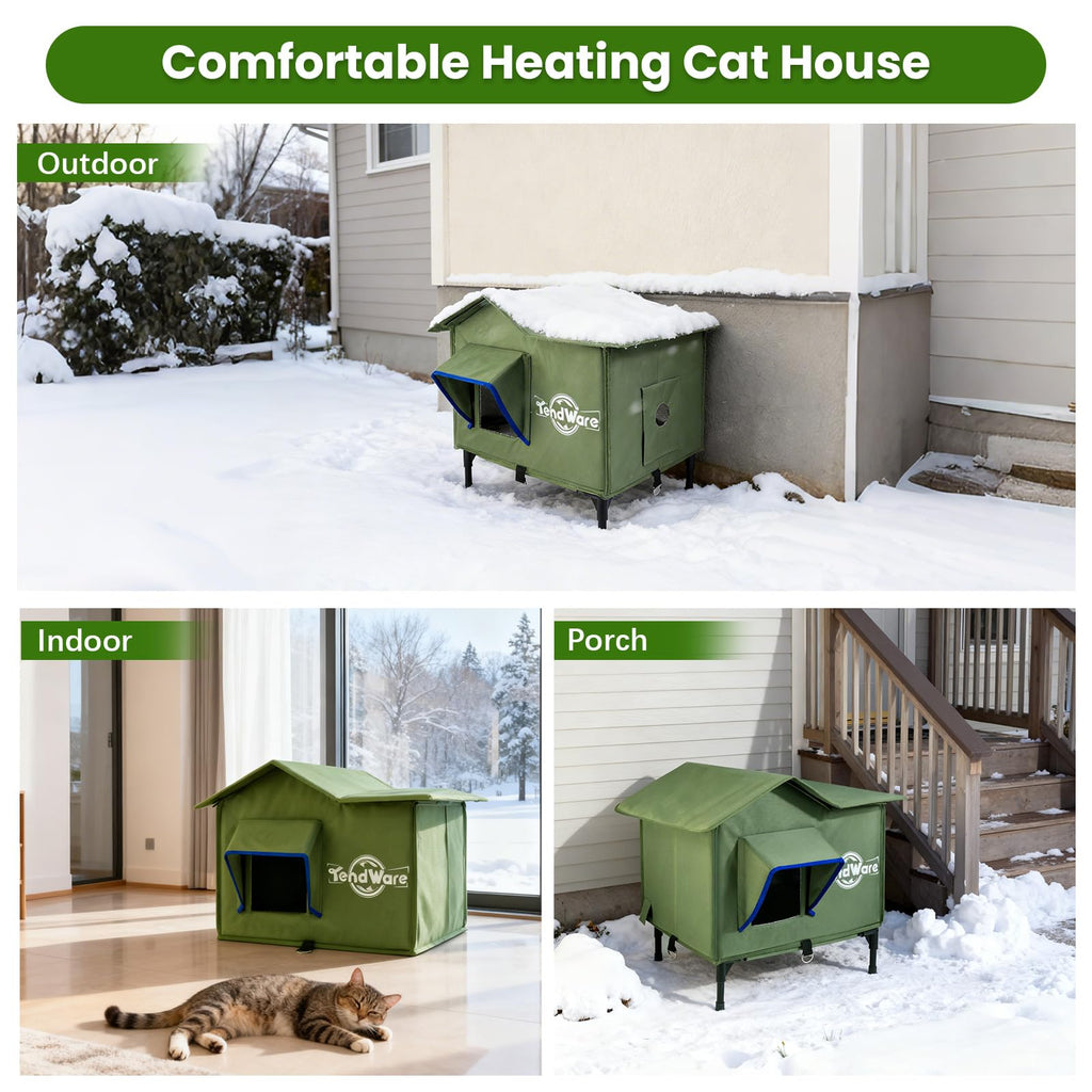 TENDWARE Outdoor Cat House Heated Cat House for Outside with Elevated Base Cat-Attracting Eave Design Feral Stray Shelter Weatherproof in Winter Garage Yard Porch