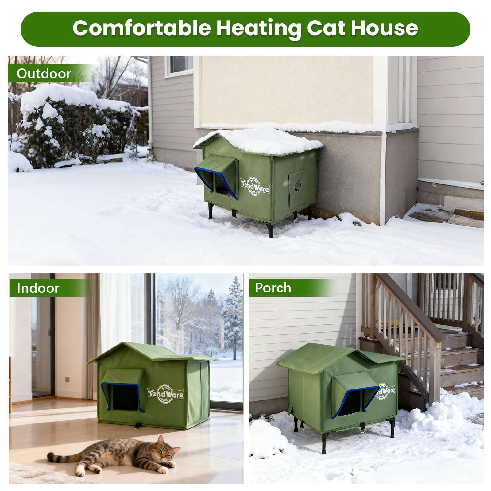 TENDWARE Outdoor Cat House Heated Cat House for Outside with Elevated Base Cat-Attracting Eave Design Feral Stray Shelter Weatherproof in Winter Garage Yard Porch