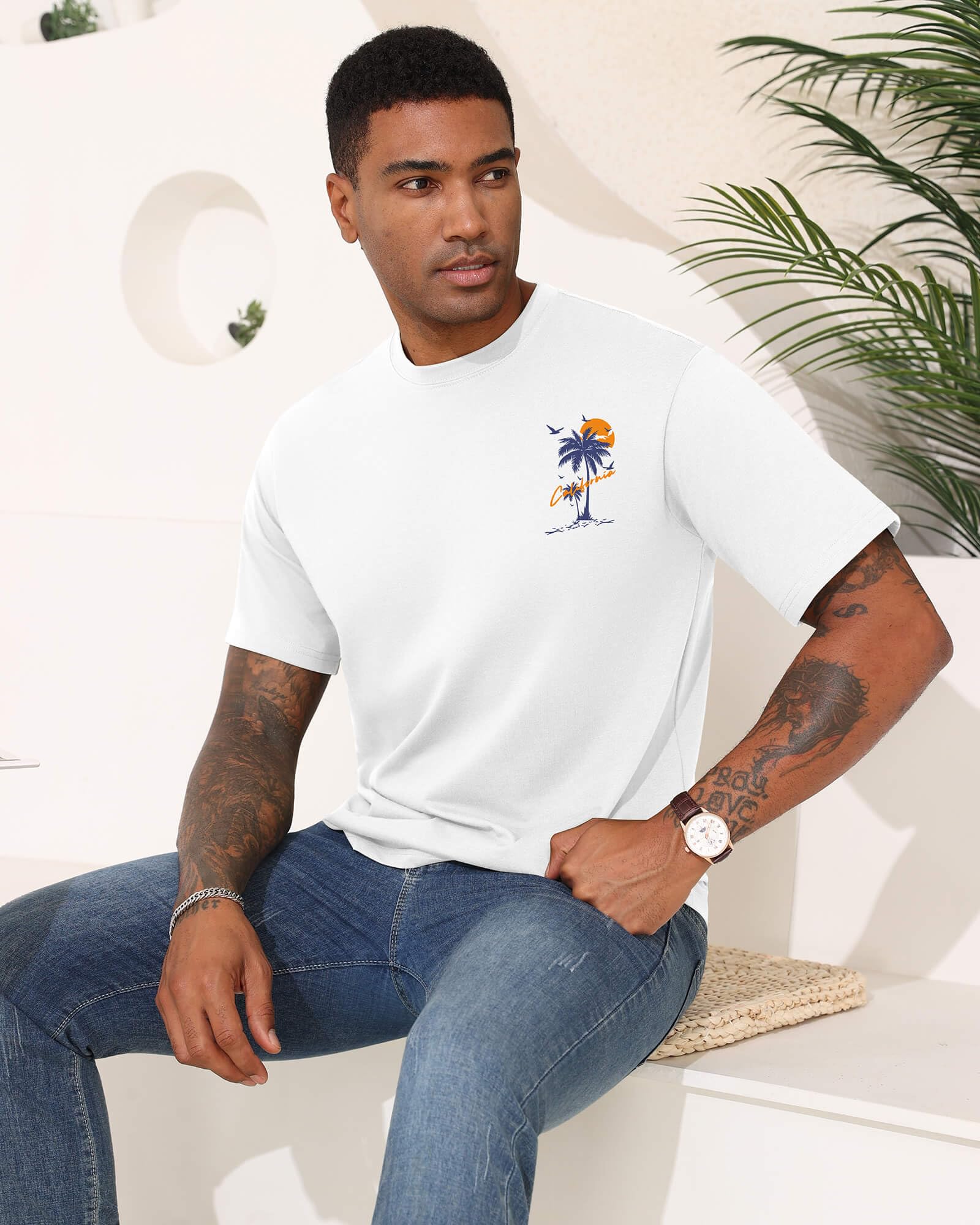 Mens Graphic T-Shirts Short Sleeve WEST Coast Palm Tree Print Summer Top 100% Cotton Casual California Tees for Men White