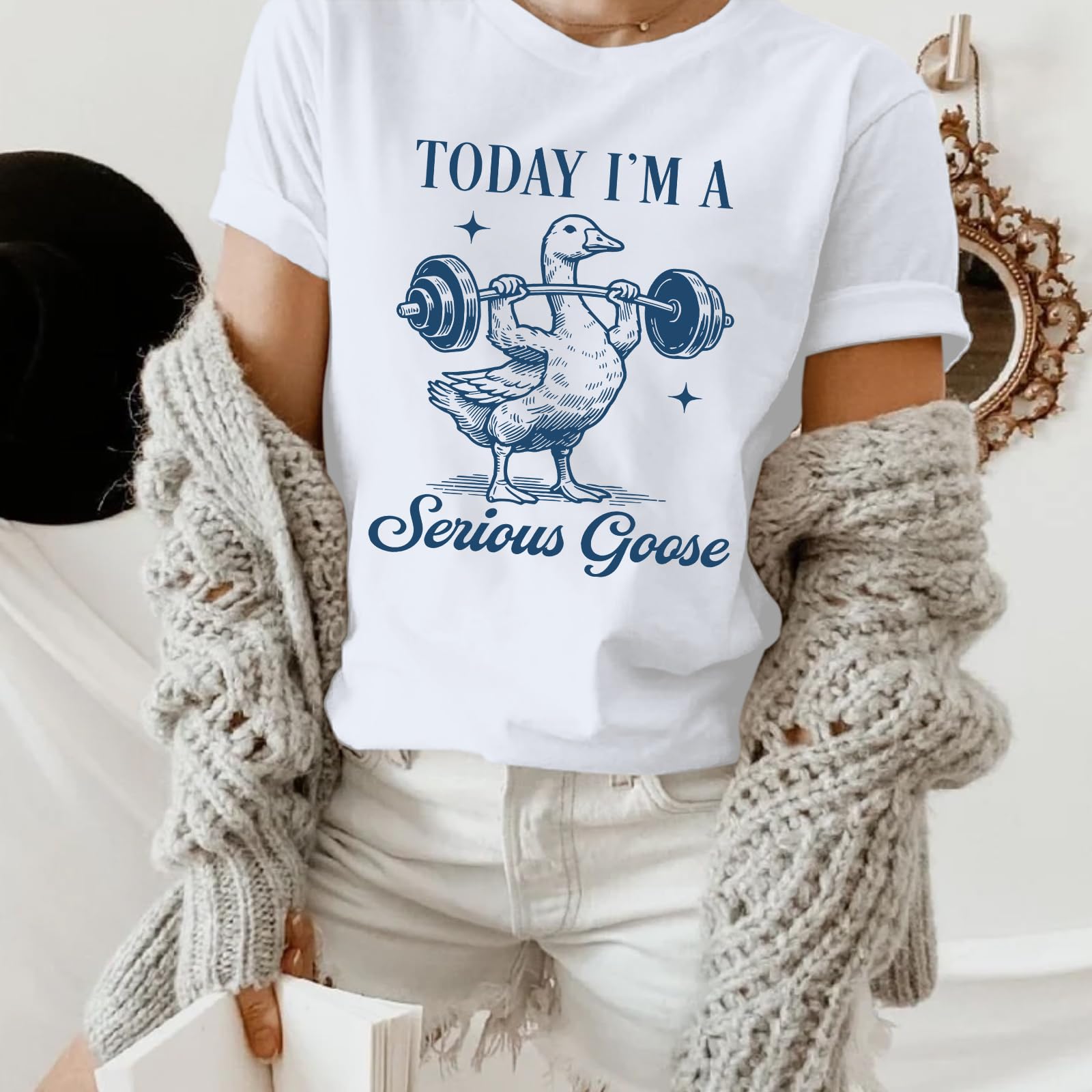 Cayxatiu Today I'm A Serious Goose Shirt Funny Silly Goose T Shirts for Women Gym Weightlifting Tshirt Cute Graphic Tees(White,L)