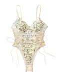 Lilosy Women Sexy Lace Up Floral Embroidered Teddy Babydoll Lingerie Bodysuit Top Mesh Sheer One Piece See Through Beige Medium