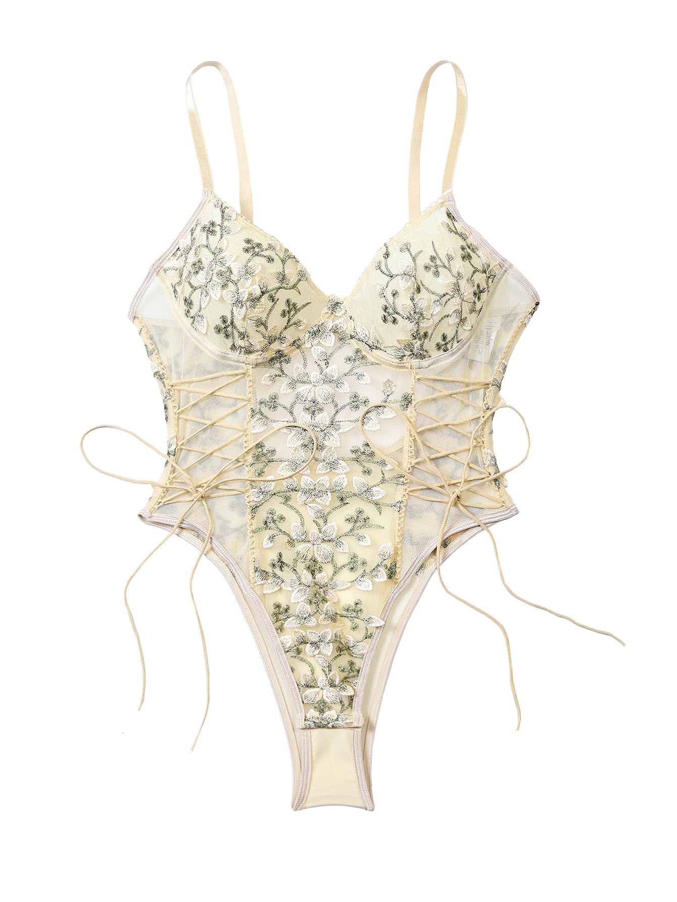 Lilosy Women Sexy Lace Up Floral Embroidered Teddy Babydoll Lingerie Bodysuit Top Mesh Sheer One Piece See Through Beige Medium