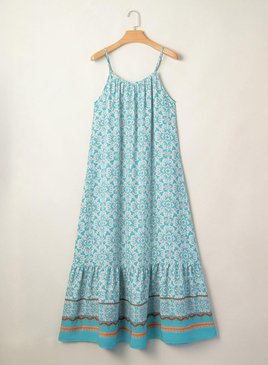 Dokotoo Summer Maxi Dress for Women U Neck Floral Boho Dress Sleeveless Spaghetti Strap Sun Dress Ruffle A Line Casual Dresses for Outgoing Beach Vacation Essentials Large Sky Blue