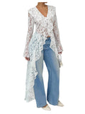 WDIRARA Women's Floral Lace Tie Front Blouse Long Bell Sleeve V Neck Ruffle Tops High Low Shirts White X-Large