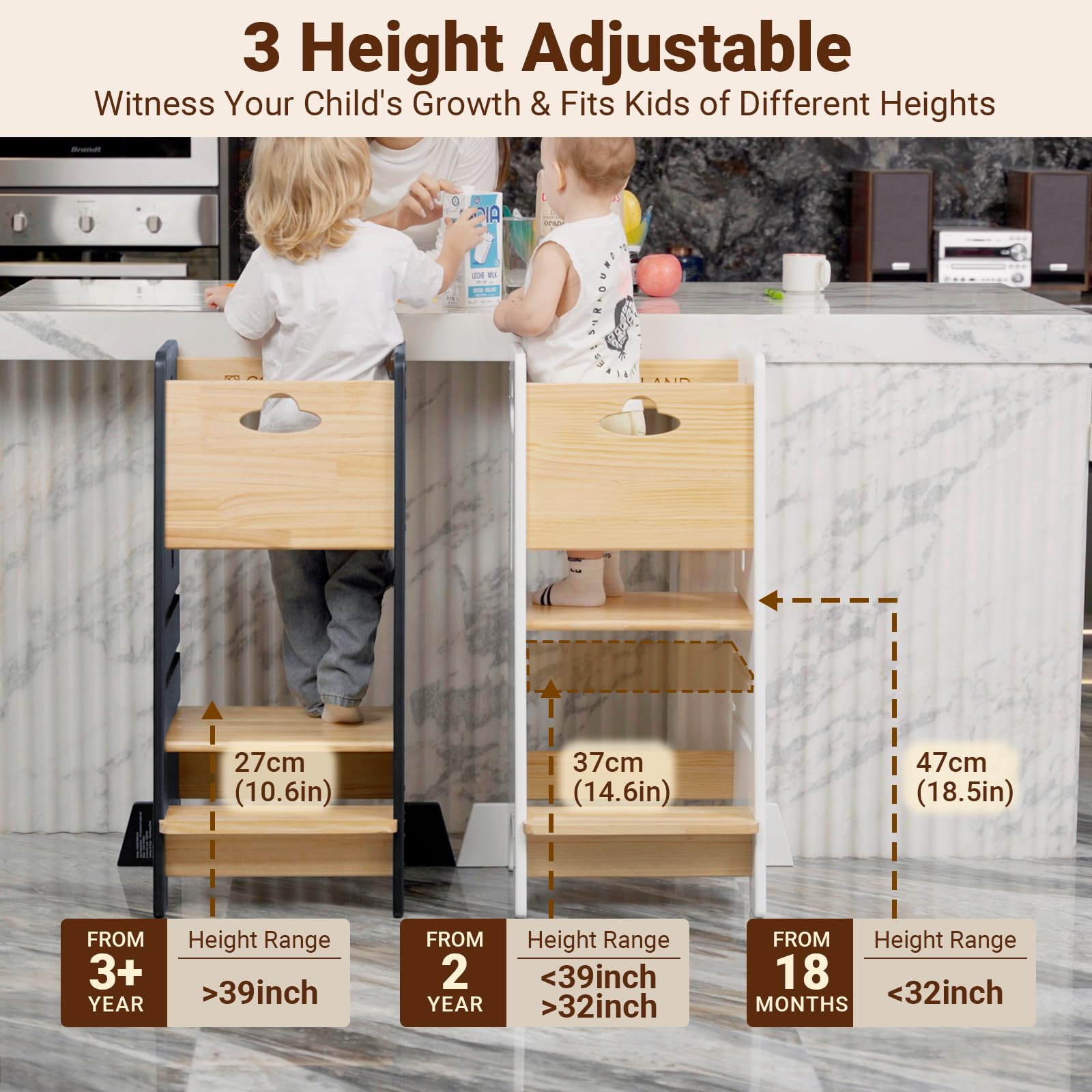 COSYLAND Toddler Standing Tower Adjustable Height - Super Stable Toddler Kitchen Stool Helper - 3 Levels Adjustable Wooden Kids Kitchen Stool (Natural & White)