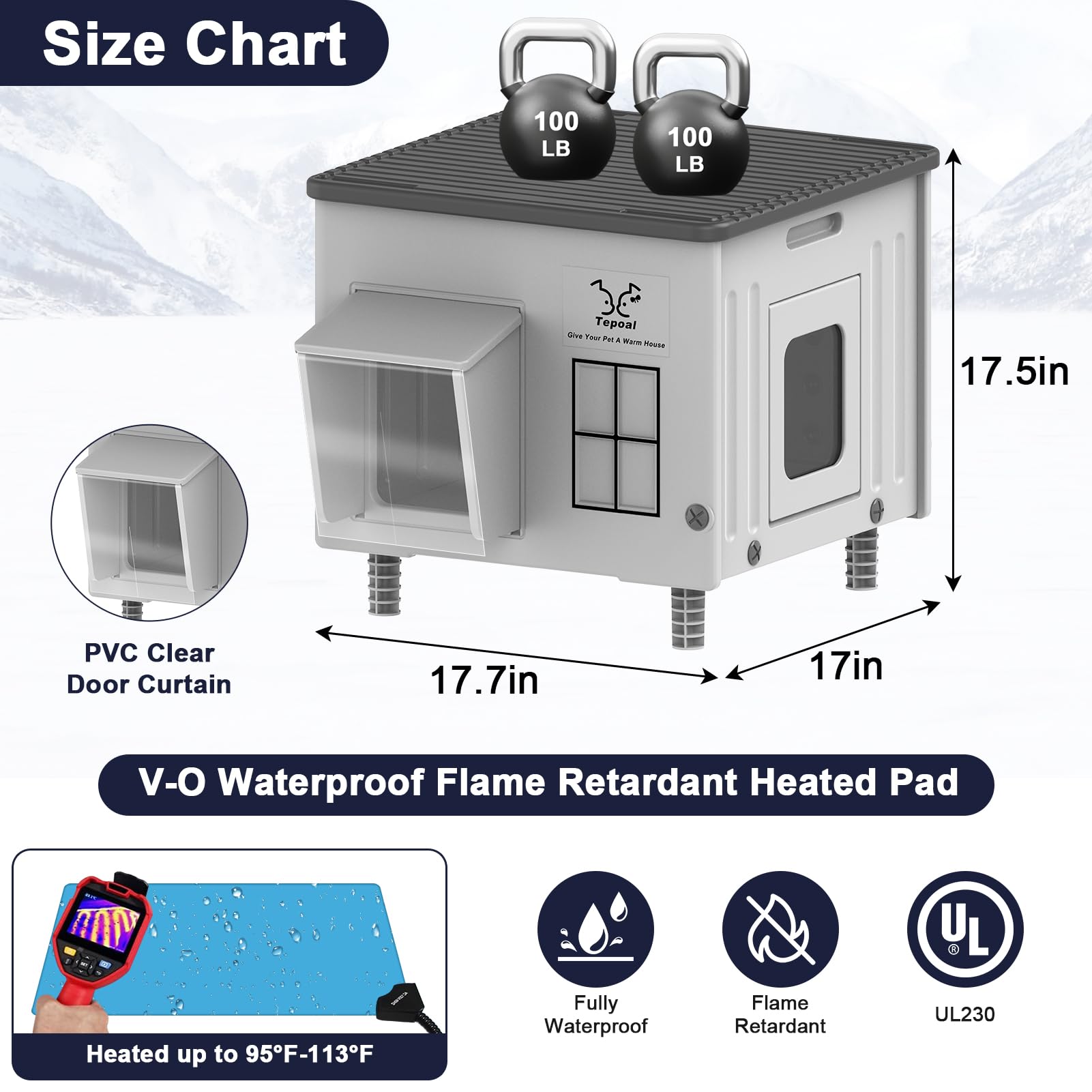 Tepoal 17.7"x17"x17.5" Plastic Heated Cat House for Outside Winter, Weatherproof Outside Cats Shelter with Safety Escape Doors and Heating Pads, Elevated Feral Cat House for Wild and Stray Cats (Grey)