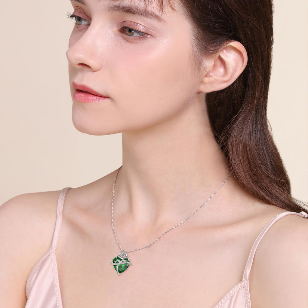 Rocayi Emerald Necklace May Birthstone Necklace for Women 925 Sterling Silver Love Heart Rose Flower Necklace Dainty Jewelry for Women