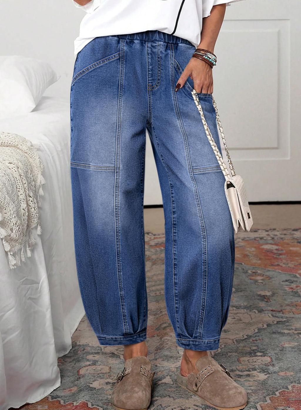 Sidefeel Mid Rise Barrel Jeans for Women Wide Leg Mid Waist Cropped Denim Pants Y2k Baggy Boyfriend Jeans with Pockets Dark Blue Size 14