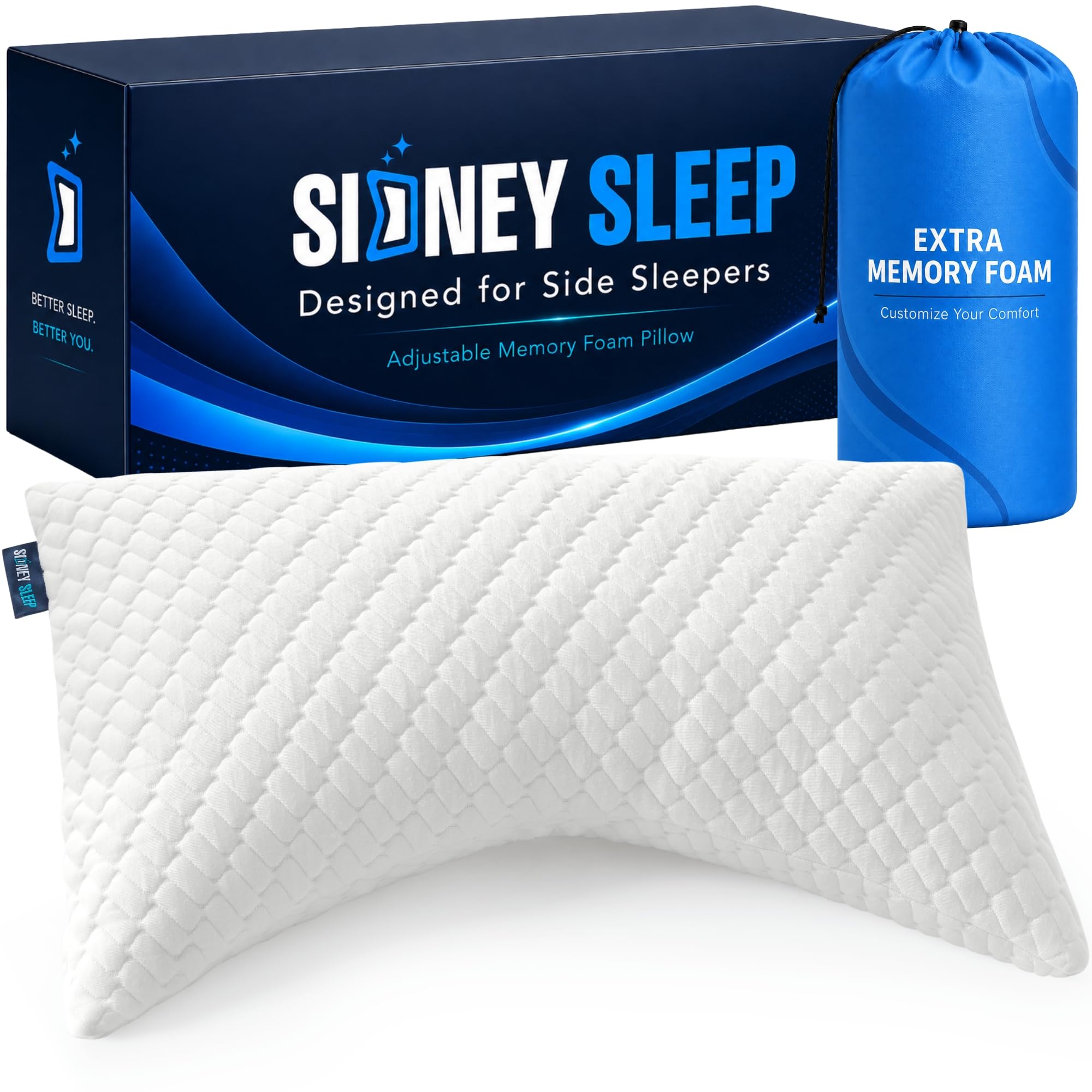 Sidney Sleep Adjustable Curved Pillows for Neck and Shoulder Support with Extra Shredded Fill - Cervical Contour Pillow for Side and Back Sleepers - Queen Size 19" x 29" CertiPUR-US Certified (White)