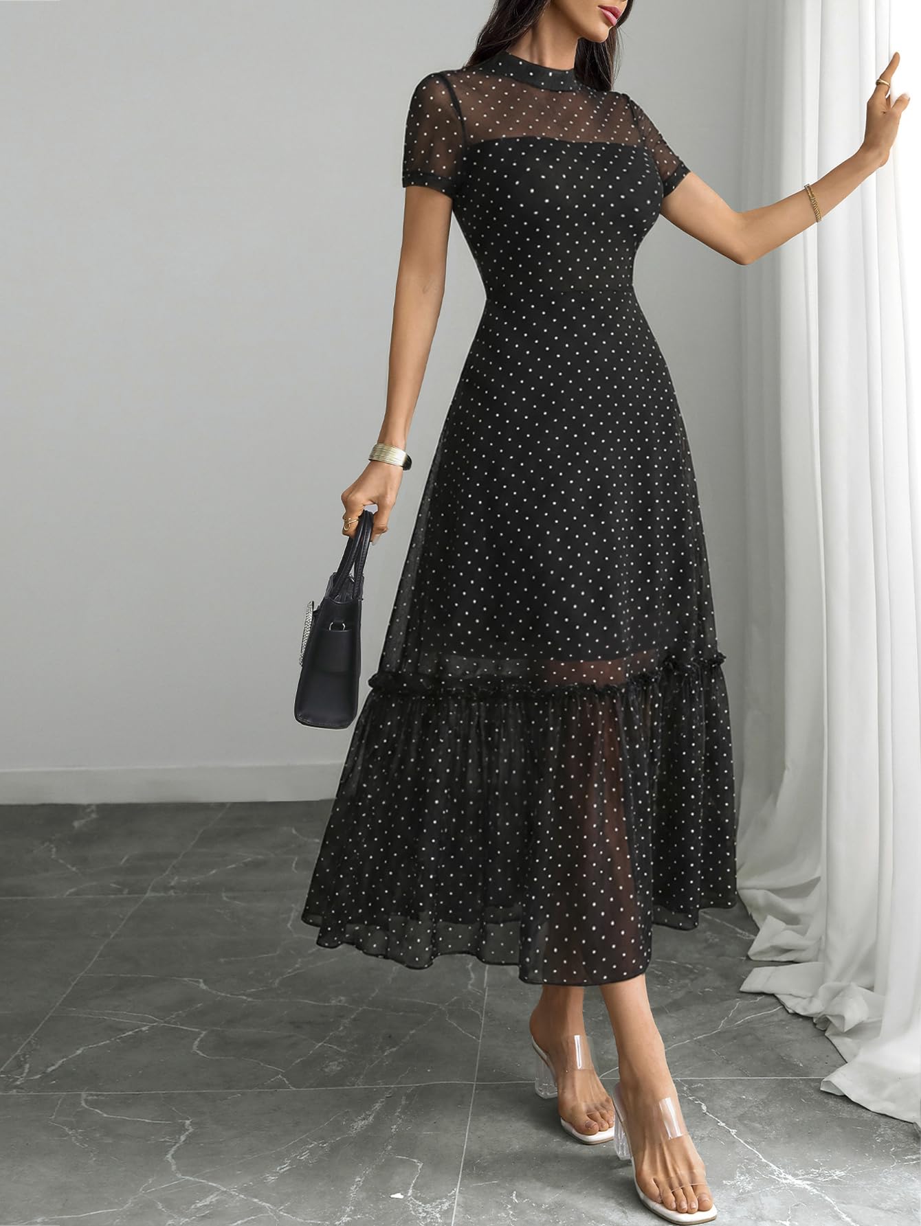GothDark Women's Summer Floral Mesh Ruffle Dress Short Sleeve Round Neck Waist Cinched Casual Maxi Wedding Guest Dresses Polka Dot